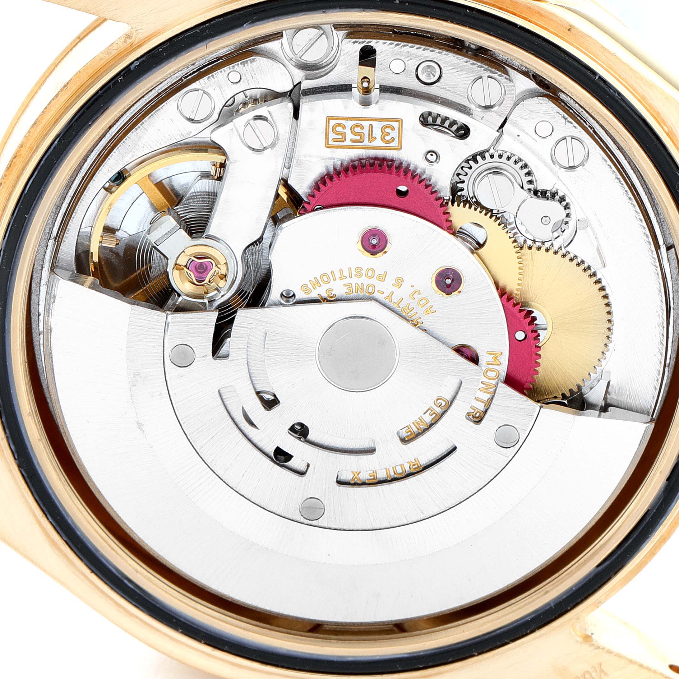 This image shows the internal movement mechanism of a Rolex President 118238 Men
s Yellow Gold Champagne Dial 118238 Men
s Yellow Gold Champagne Dial model watch from a top-down angle.