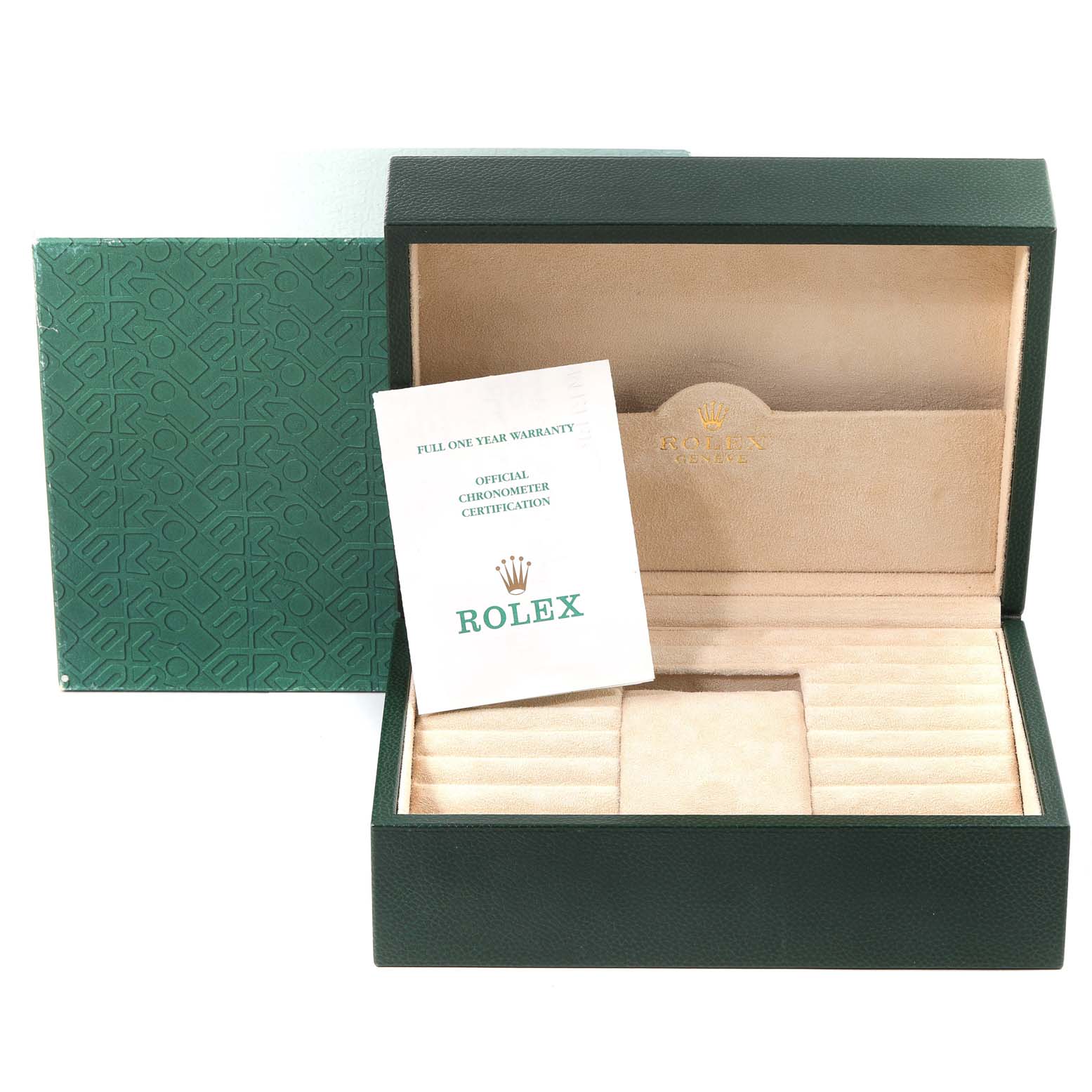 This image shows the open box and warranty card for a Rolex President 118238 Men
s Yellow Gold Champagne Dial 118238 Men
s Yellow Gold Champagne Dial model watch.
