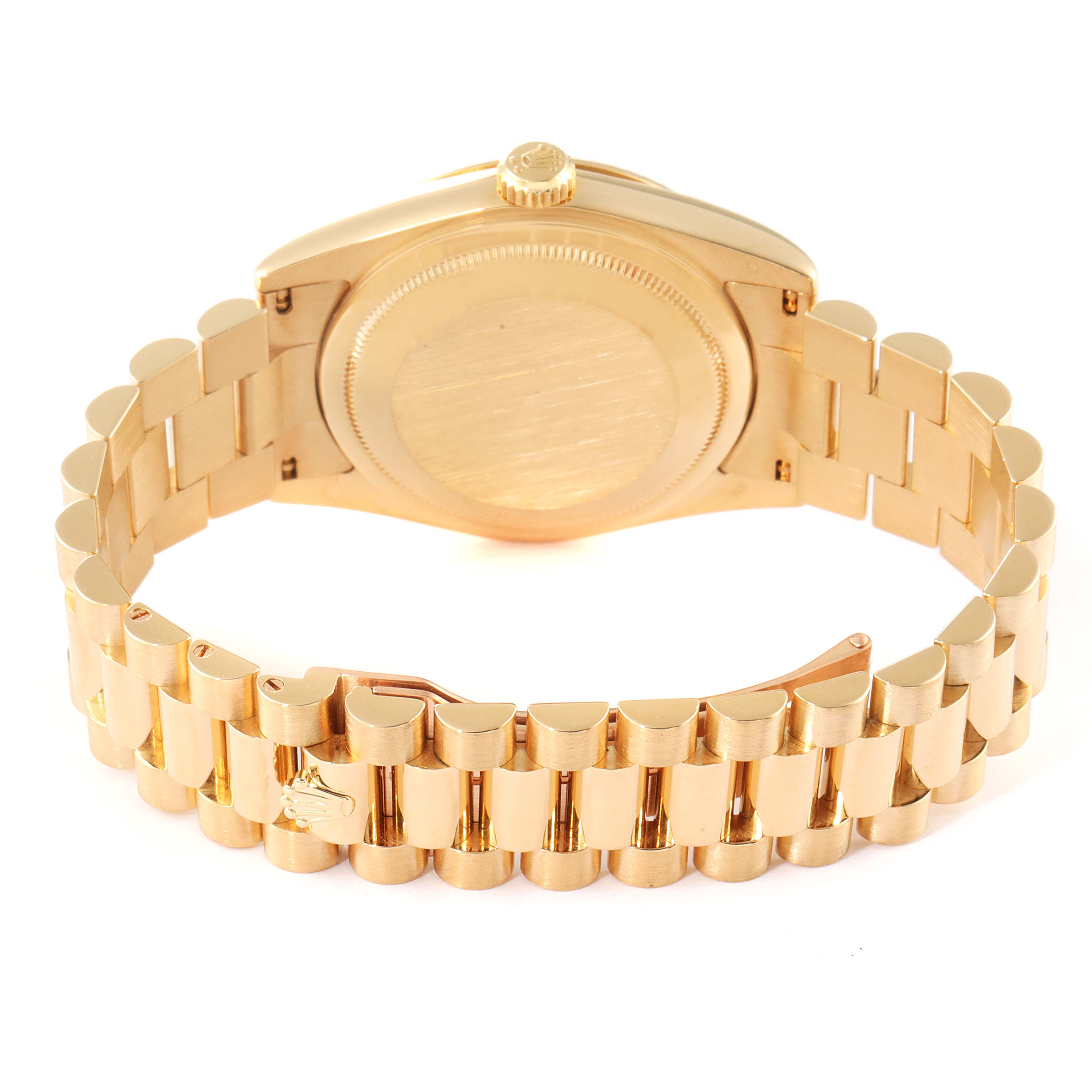 This image shows the back of the Rolex President 118238 Men
s Yellow Gold Champagne Dial 118238 Men
s Yellow Gold Champagne Dial model watch, highlighting the case back and the bracelet.