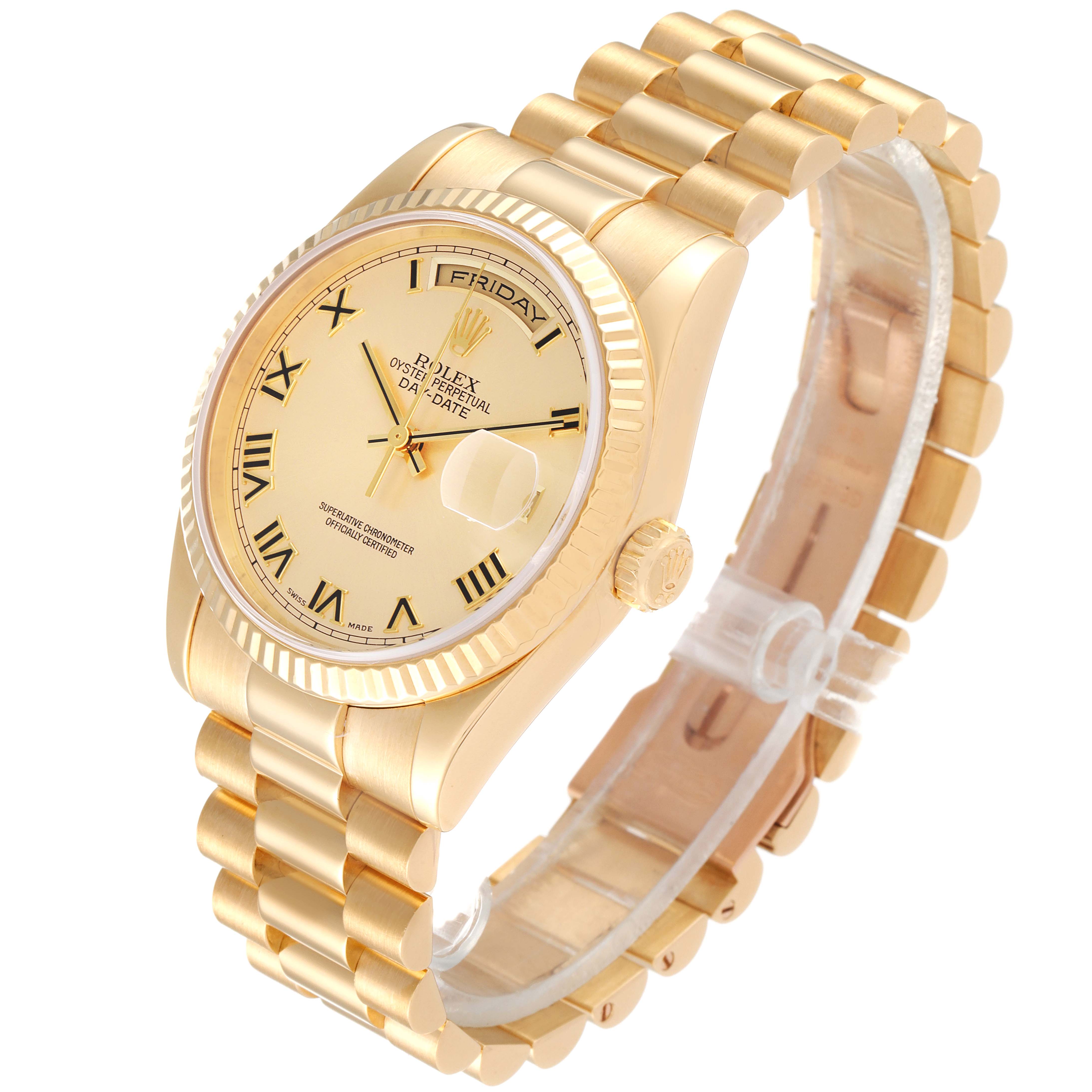 This is an angled view of the Rolex President 118238 Men
s Yellow Gold Champagne Dial 118238 Men
s Yellow Gold Champagne Dial model, showing the gold case, band, dial, crown, and day-date display.