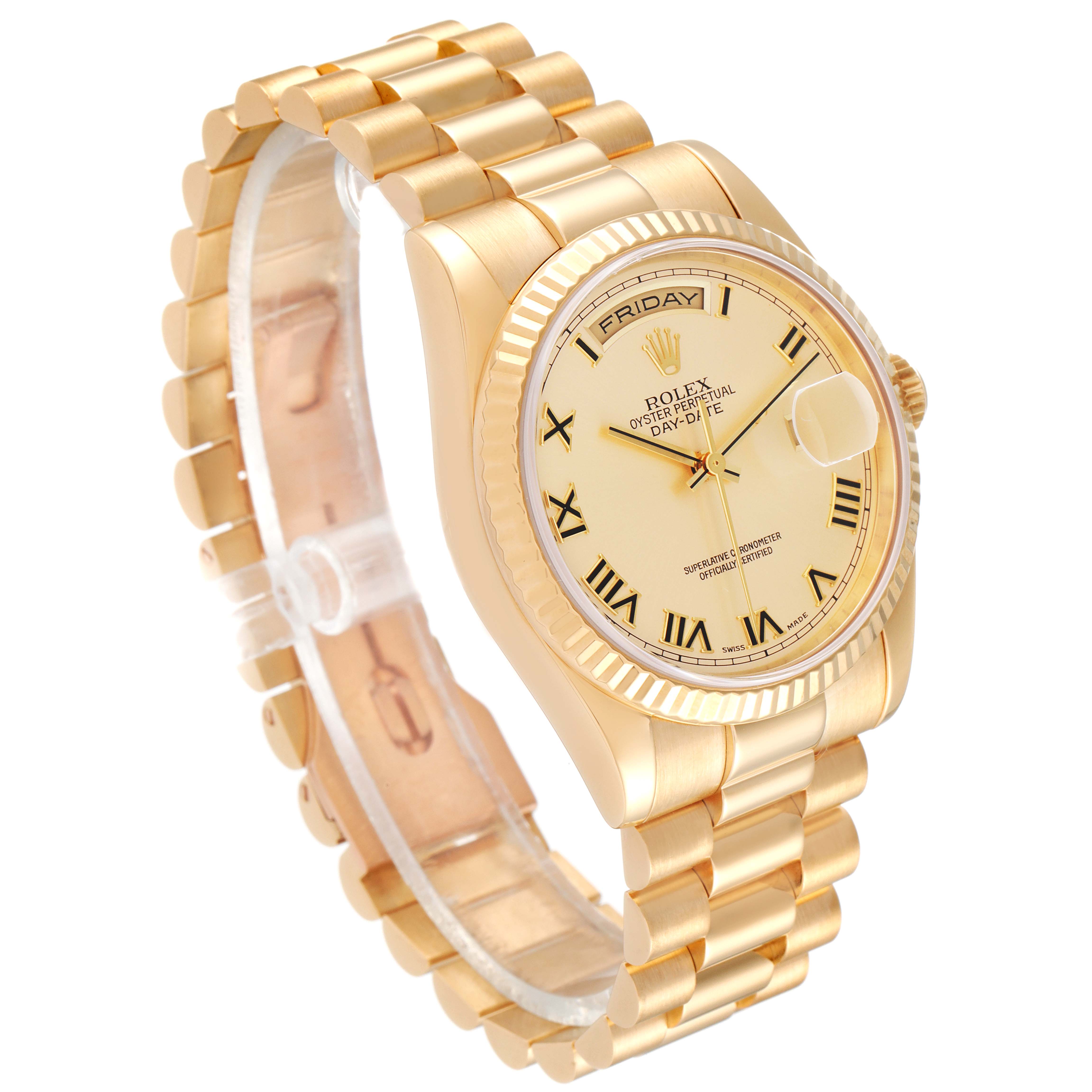 The image shows a Rolex President 118238 Men
s Yellow Gold Champagne Dial 118238 Men
s Yellow Gold Champagne Dial model watch at an angled side view, displaying its face, bracelet, and clasp partially.