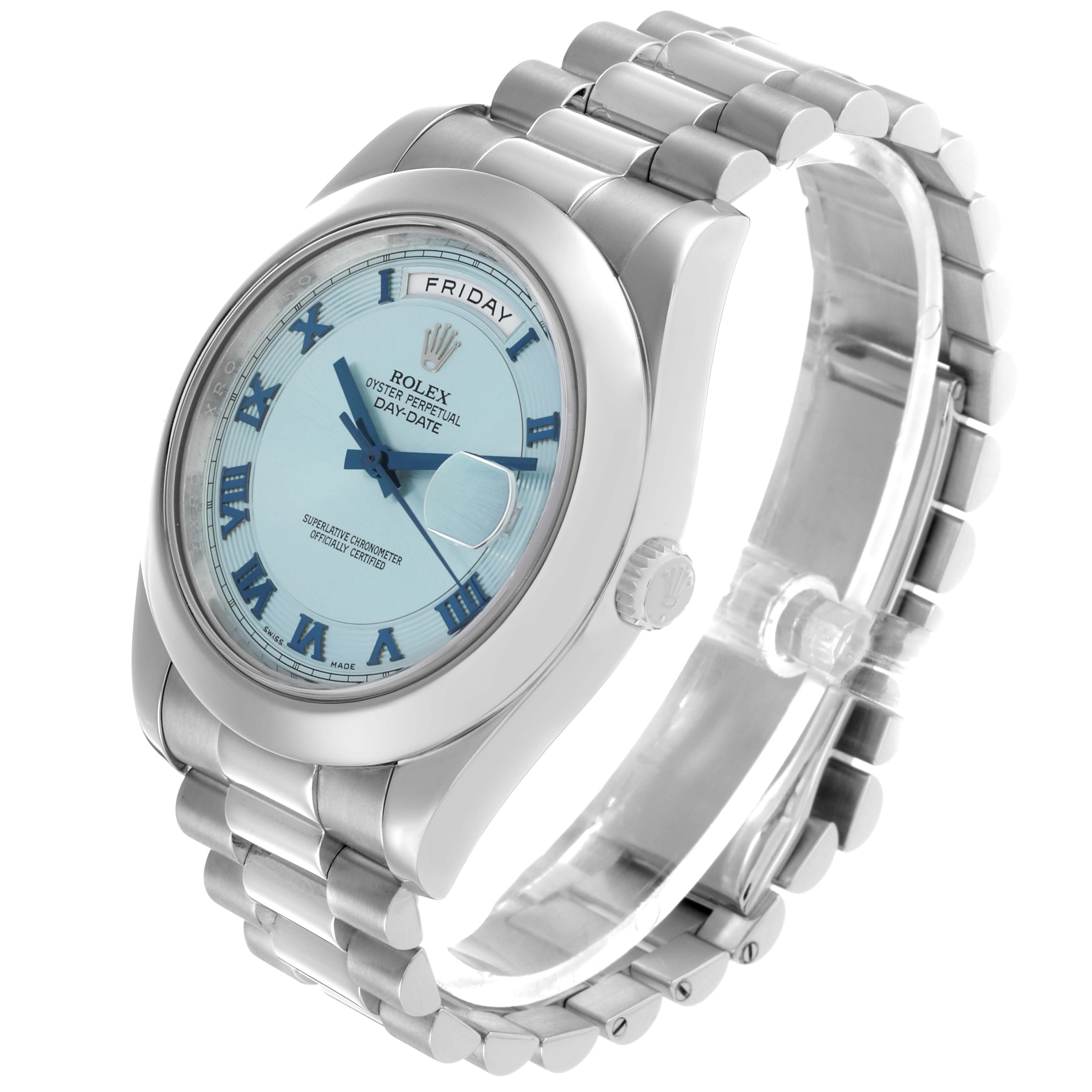 The Rolex President 218206 Men's Platinum Blue Dial watch is shown at an angle displaying the face, bezel, crown, and part of the bracelet.