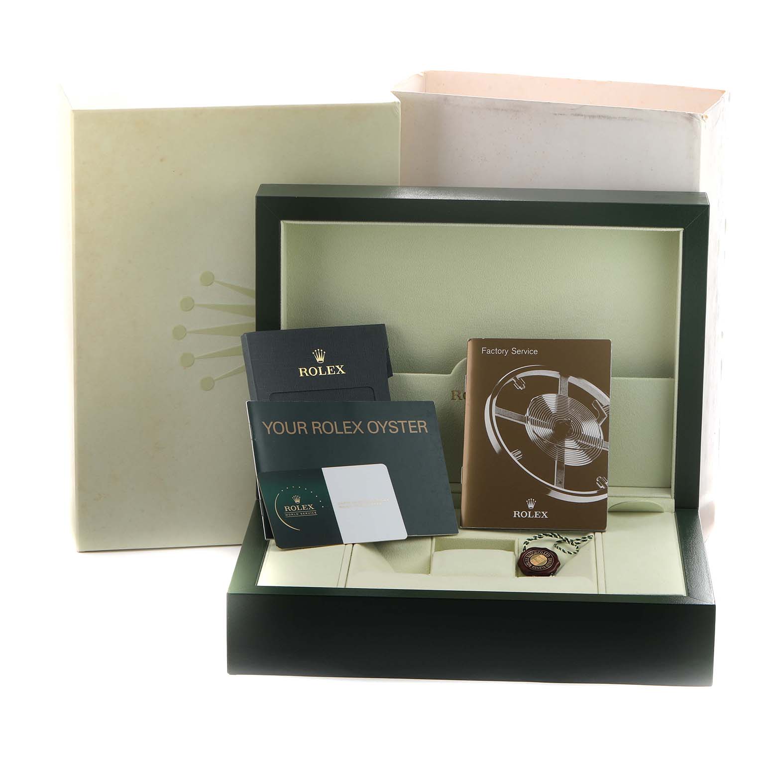 The image shows a Rolex President 218206 Men's Platinum Blue Dial model watch partially visible in its open box, alongside booklets and warranty cards.