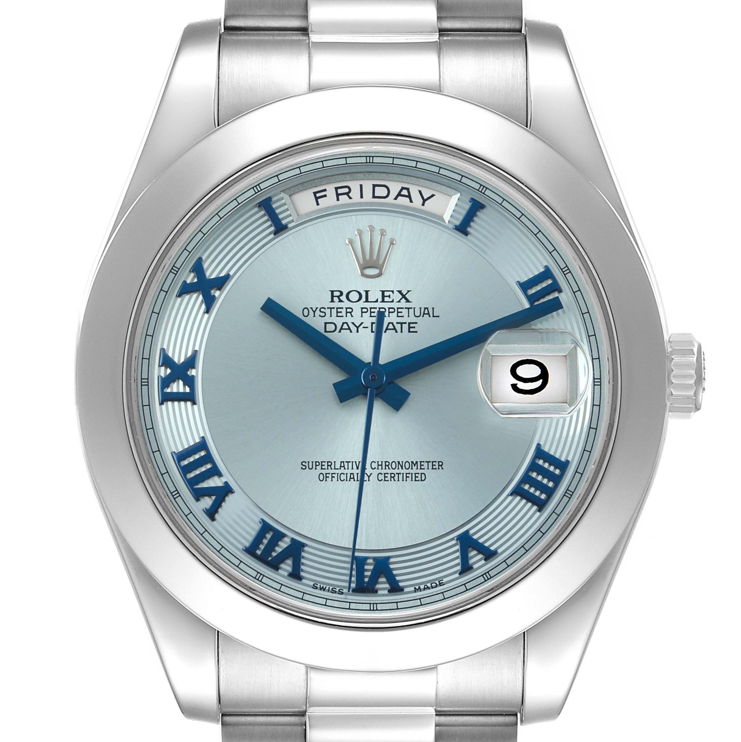 The Rolex President 218206 Men's Platinum Blue Dial model watch is shown from a front angle, highlighting the dial, case, day and date windows, and part of the bracelet.