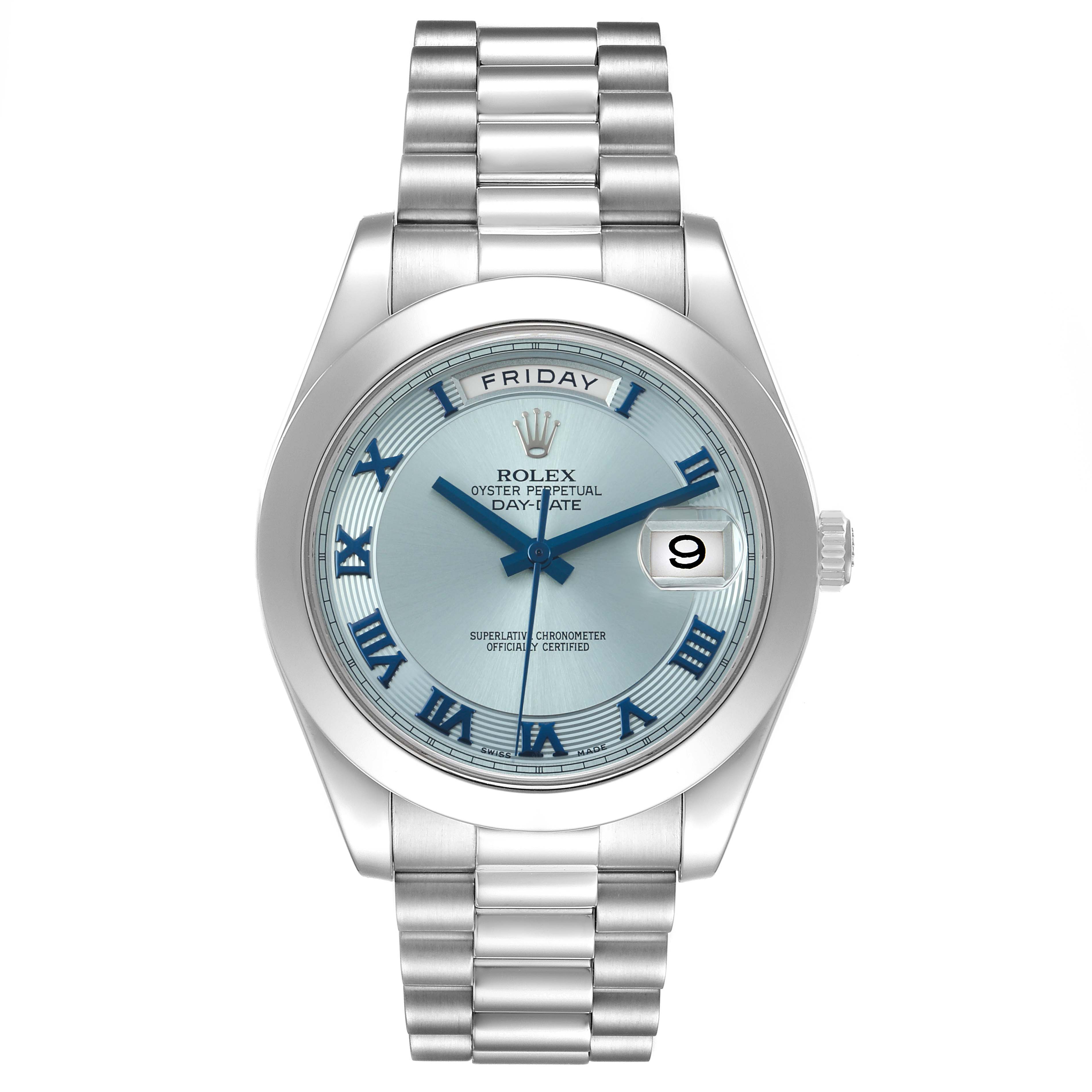 The Rolex President 218206 Men's Platinum Blue Dial model is shown from a front view, displaying its face, bracelet, and day-date window.