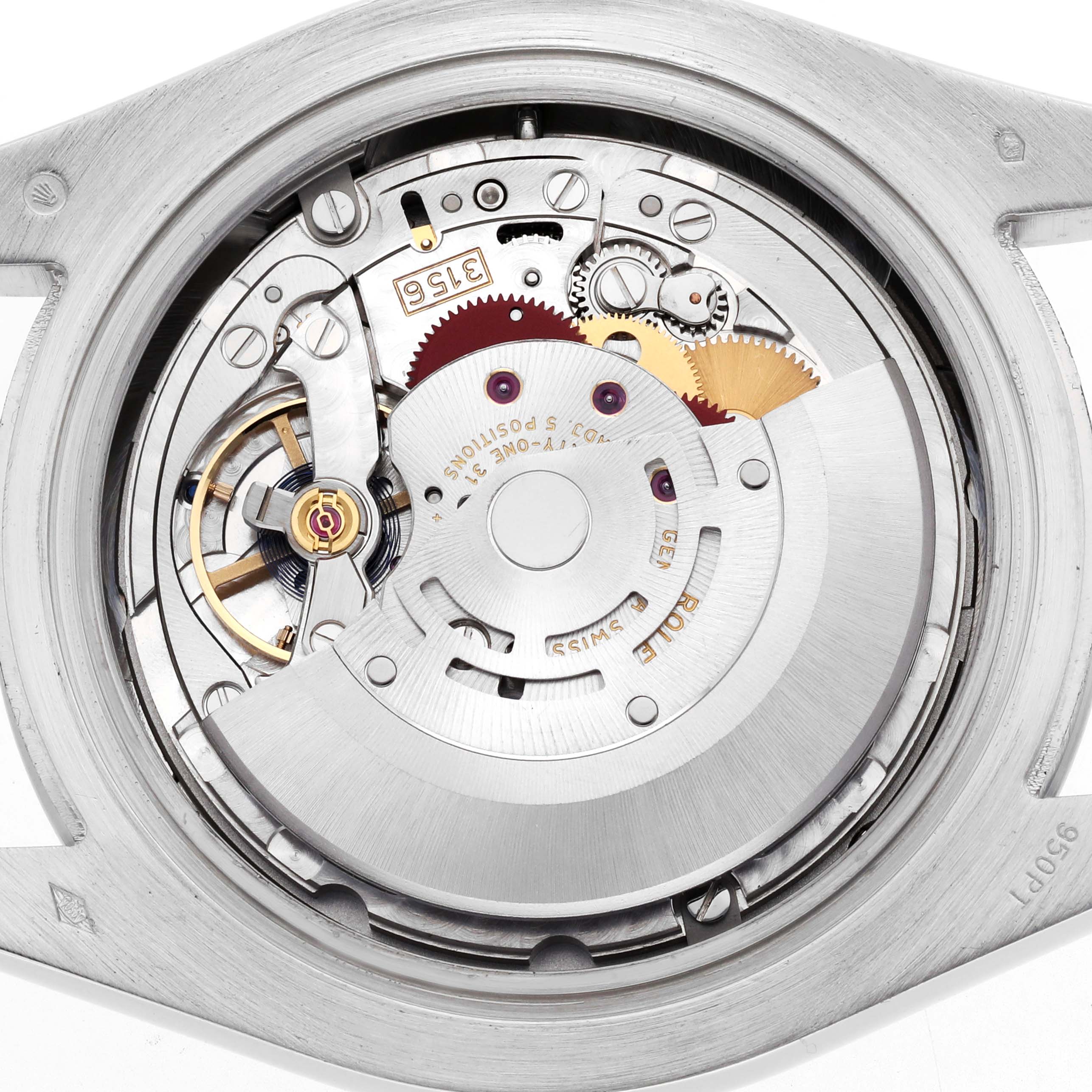 The image shows the intricate internal mechanical components of a Rolex President 218206 Men's Platinum Blue Dial model watch from a back view.