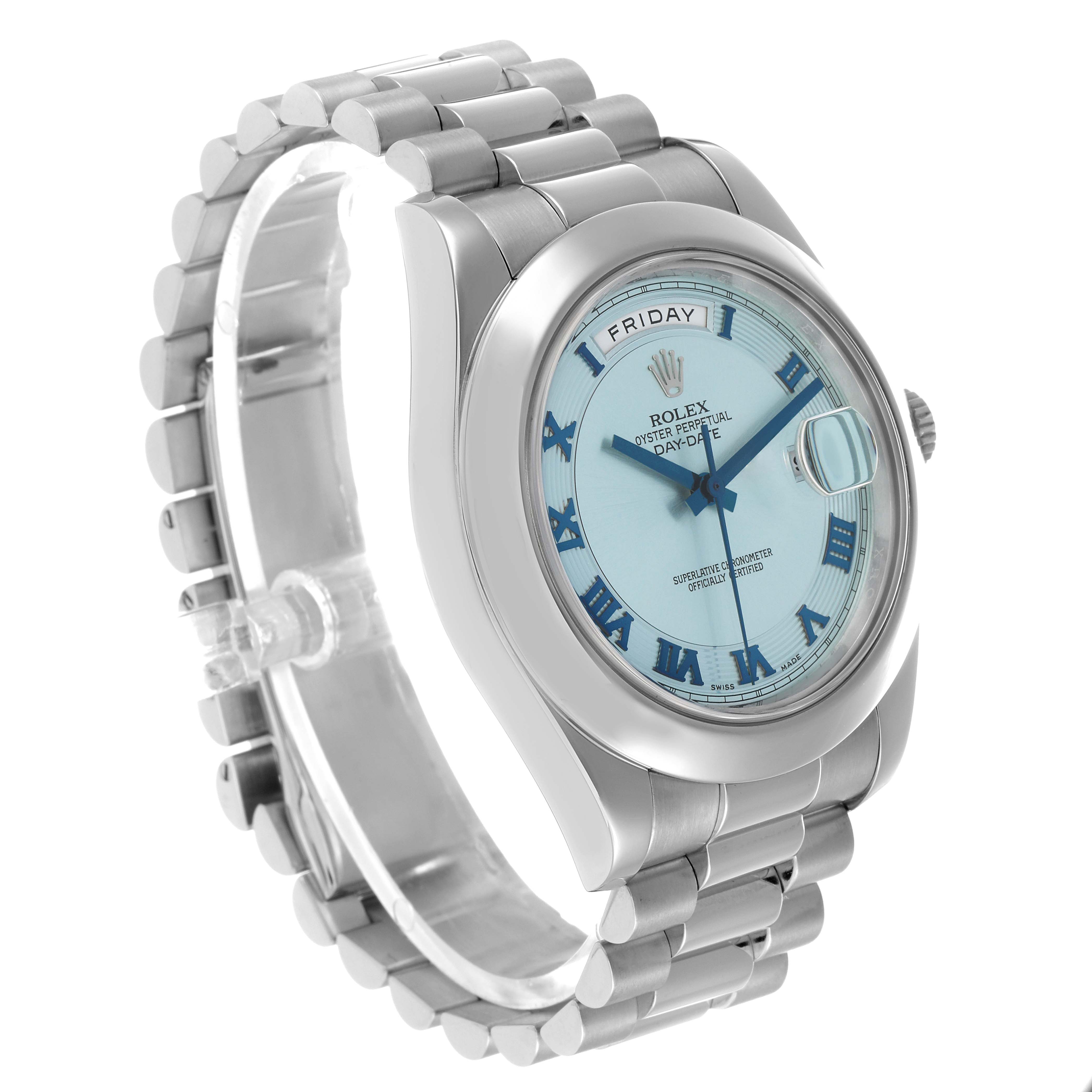 The Rolex President 218206 Men's Platinum Blue Dial watch is shown at a three-quarter angle, displaying its face, bracelet, and part of the clasp.