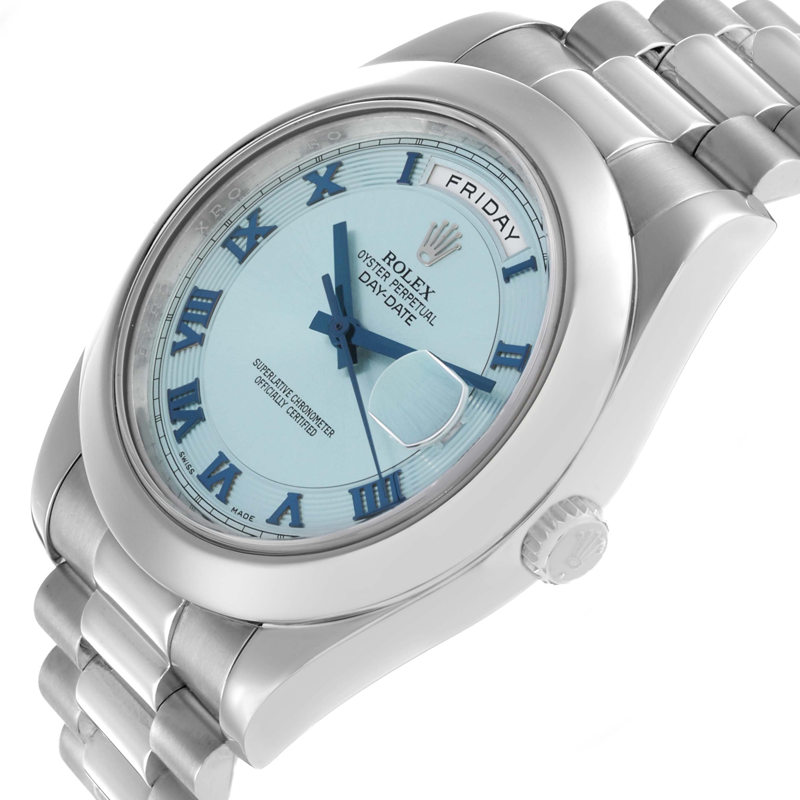 The Rolex President 218206 Men's Platinum Blue Dial model is shown from an angled side view, highlighting the face, bezel, and bracelet.