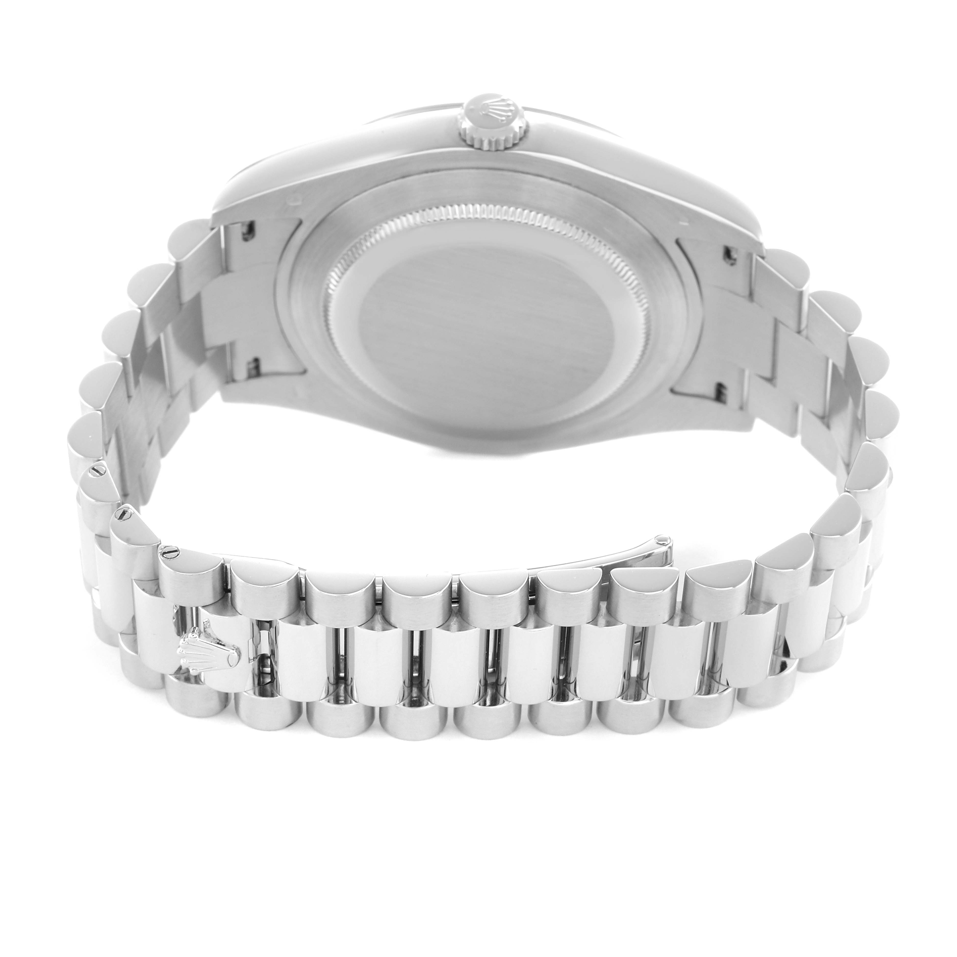 The image shows the back and bracelet of a Rolex President 218206 Men's Platinum Blue Dial model watch, highlighting the clasp and links from a rear angle.