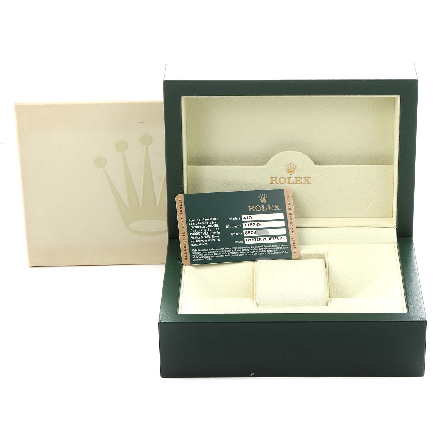 The image shows a Rolex President 118239 Men's White Gold Silver Dial 118239 Men's White Gold Silver Dial model box with a certification card inside, viewed from the front with the lid open.