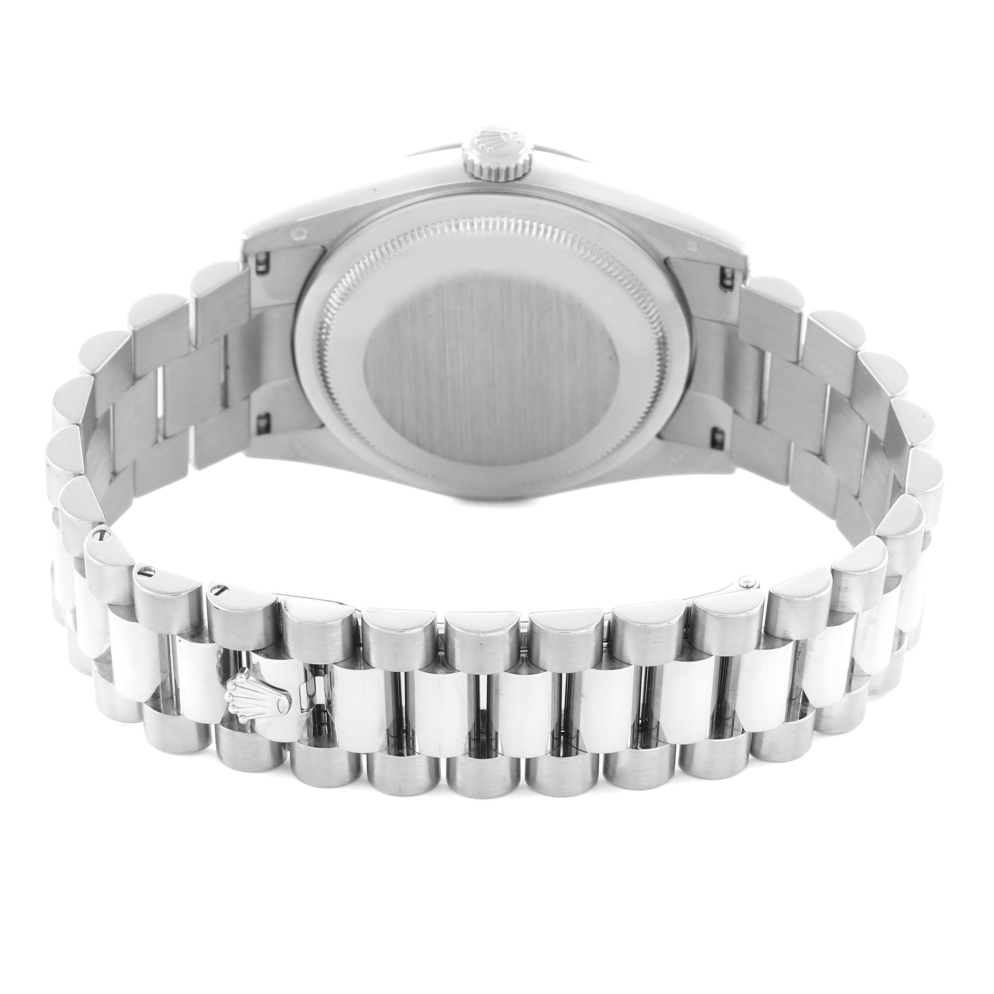 The image shows the back case and bracelet clasp of a Rolex President 118239 Men's White Gold Silver Dial 118239 Men's White Gold Silver Dial model watch from a rear angle.