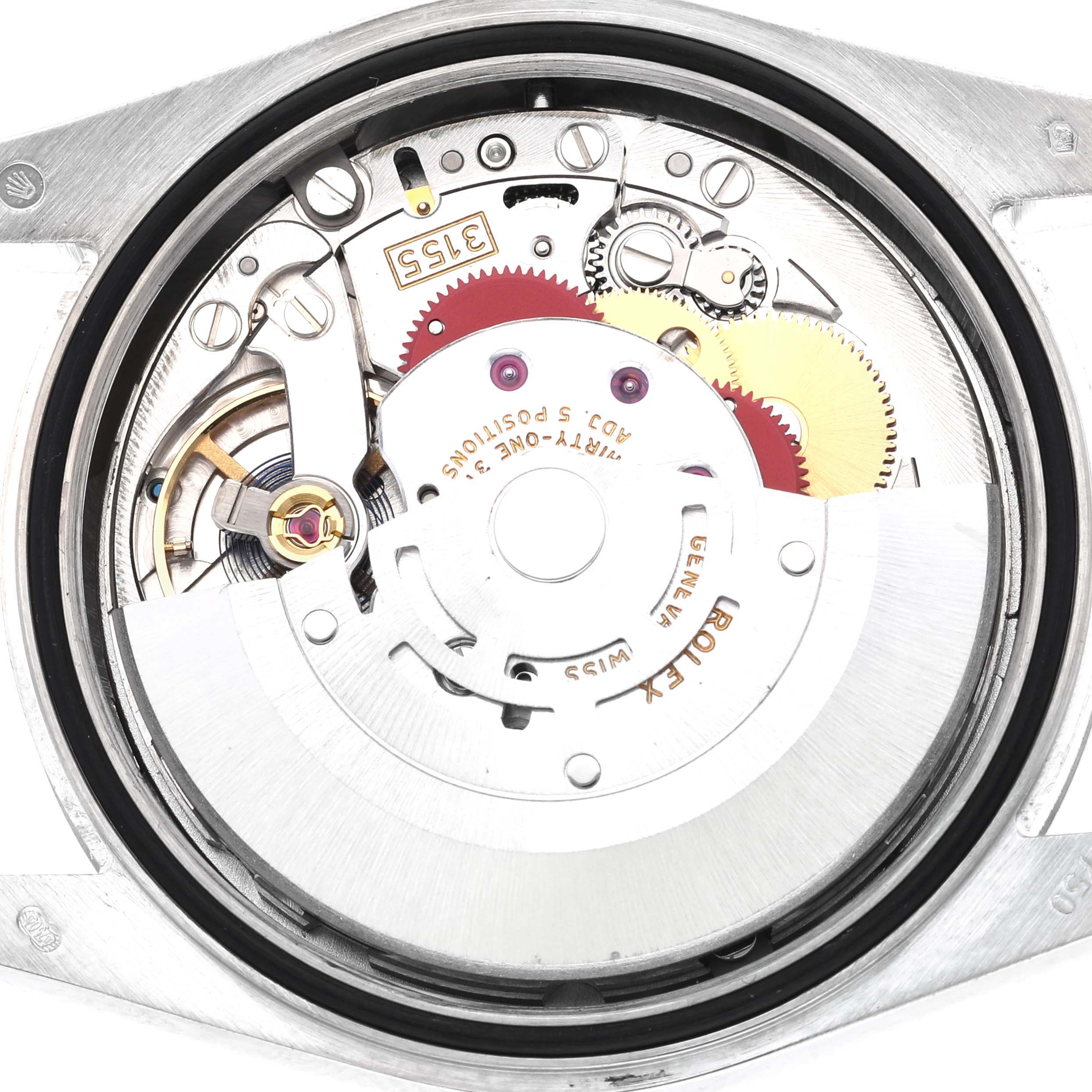 The image shows the inner movement of a Rolex President 118239 Men's White Gold Silver Dial 118239 Men's White Gold Silver Dial model, featuring gears and intricate components from a top-down angle.