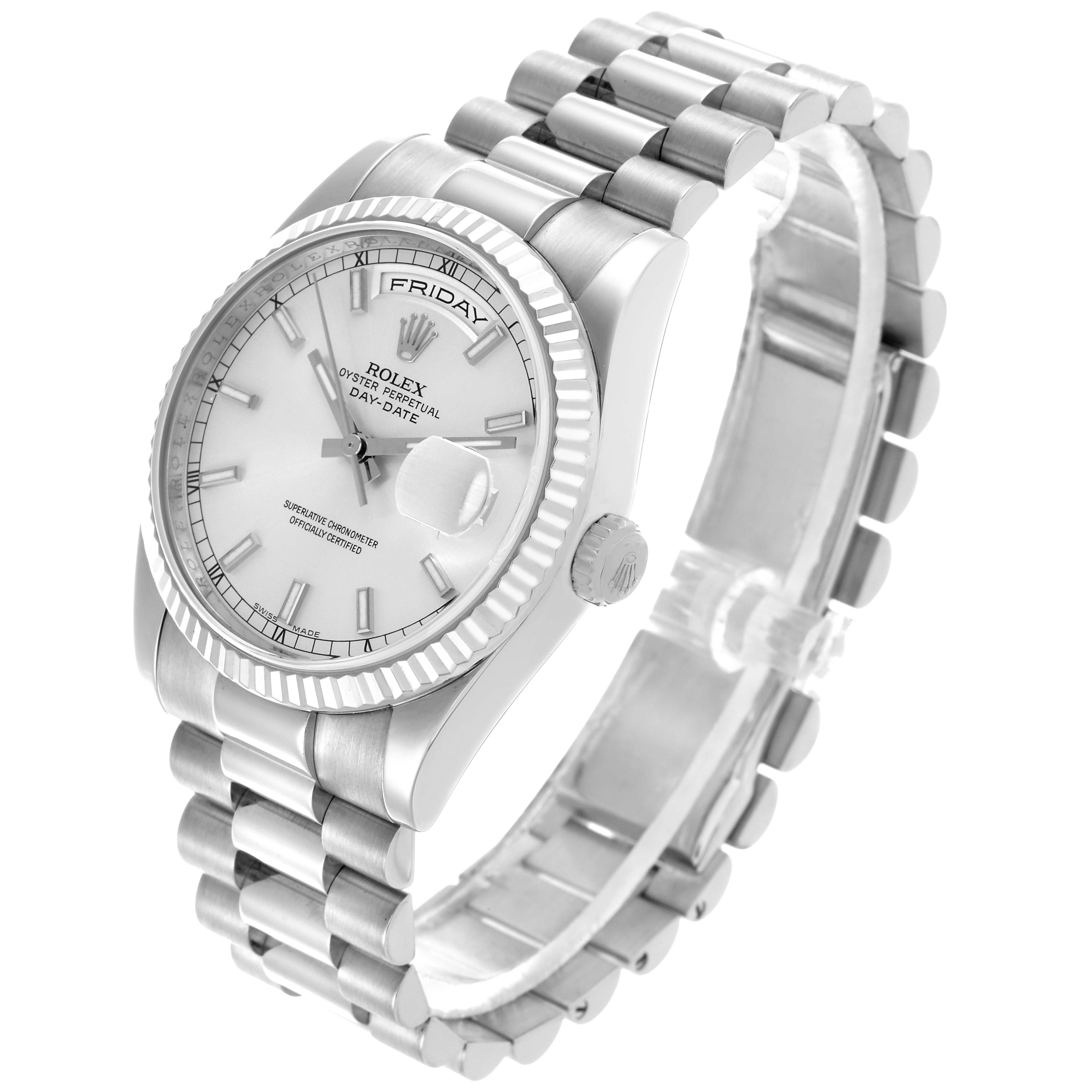 The Rolex President 118239 Men's White Gold Silver Dial 118239 Men's White Gold Silver Dial watch is shown at an angled view, highlighting the face, bezel, crown, and bracelet.
