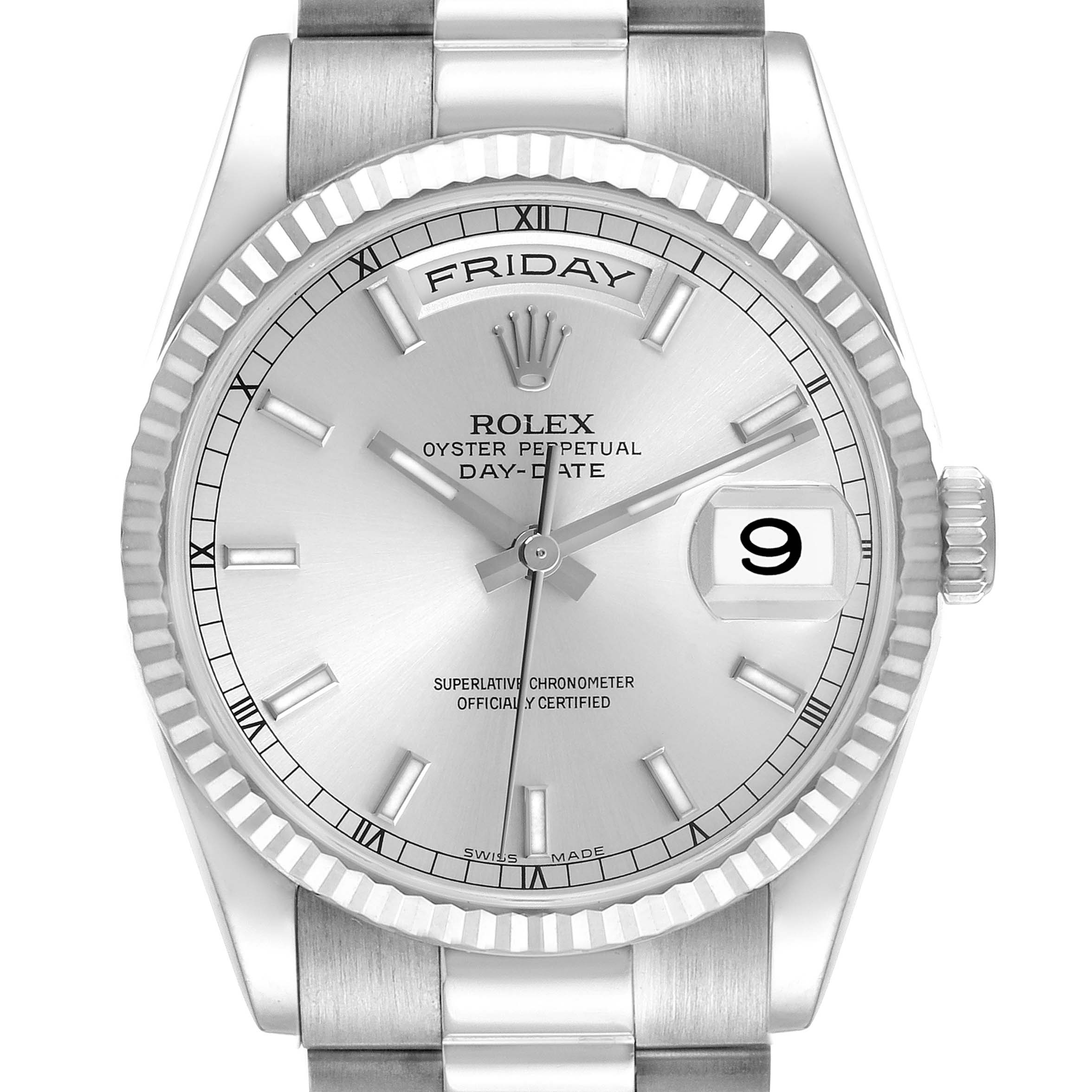 The Rolex President 118239 Men's White Gold Silver Dial 118239 Men's White Gold Silver Dial model is shown from a front angle, highlighting the dial, day-date display, and bracelet.