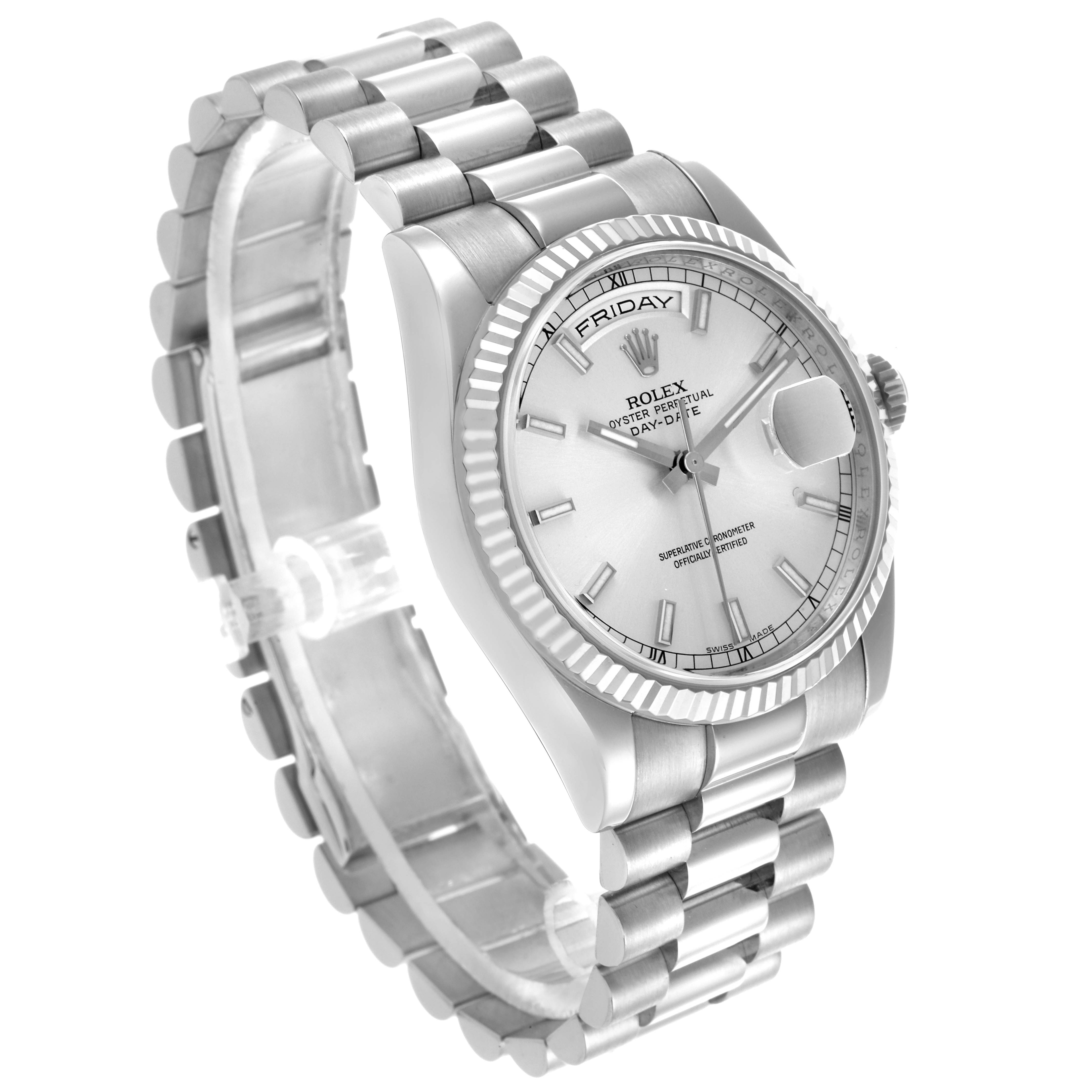 The Rolex President 118239 Men's White Gold Silver Dial 118239 Men's White Gold Silver Dial model is shown at an angle emphasizing the face, bracelet, and crown.
