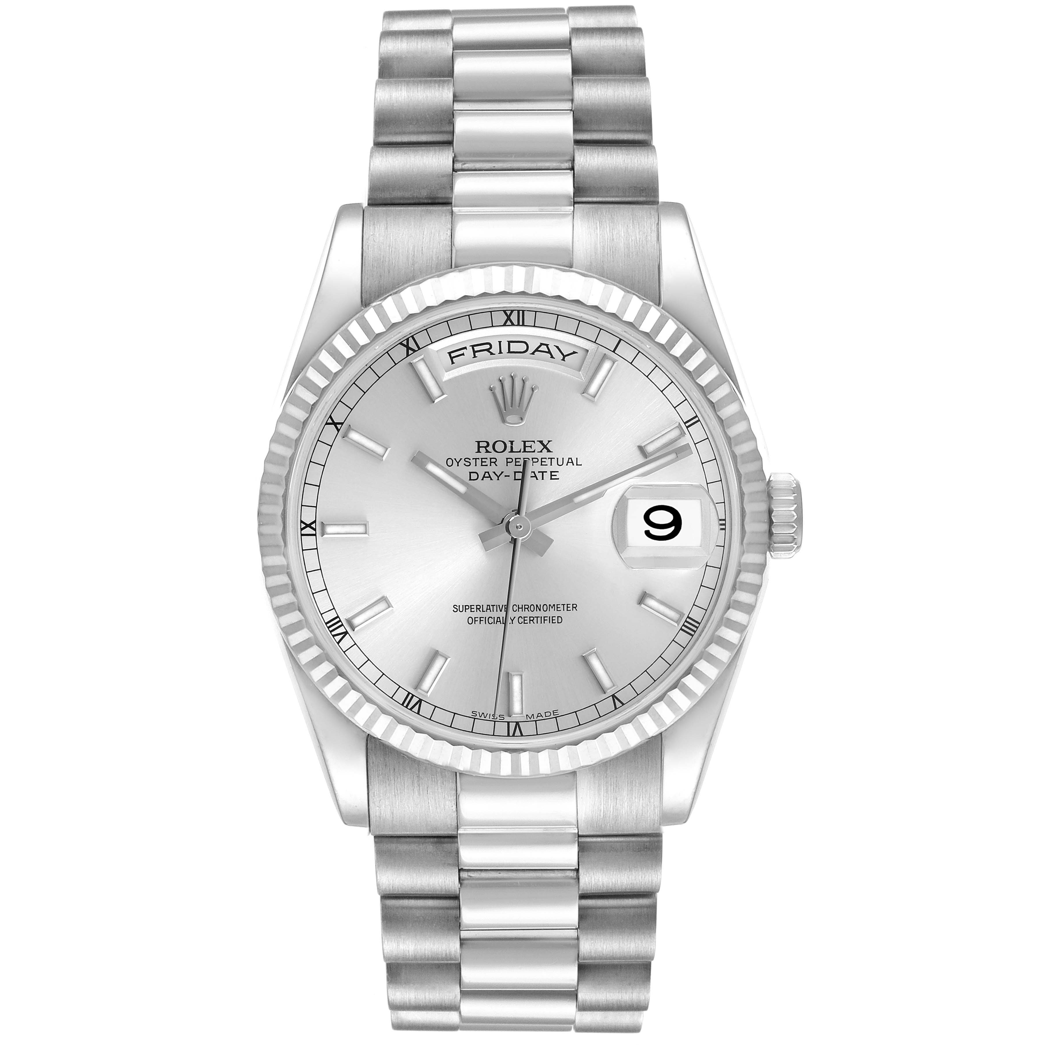 The Rolex President 118239 Men's White Gold Silver Dial 118239 Men's White Gold Silver Dial model watch is shown from a front view, featuring its bracelet, bezel, and dial with day and date windows.