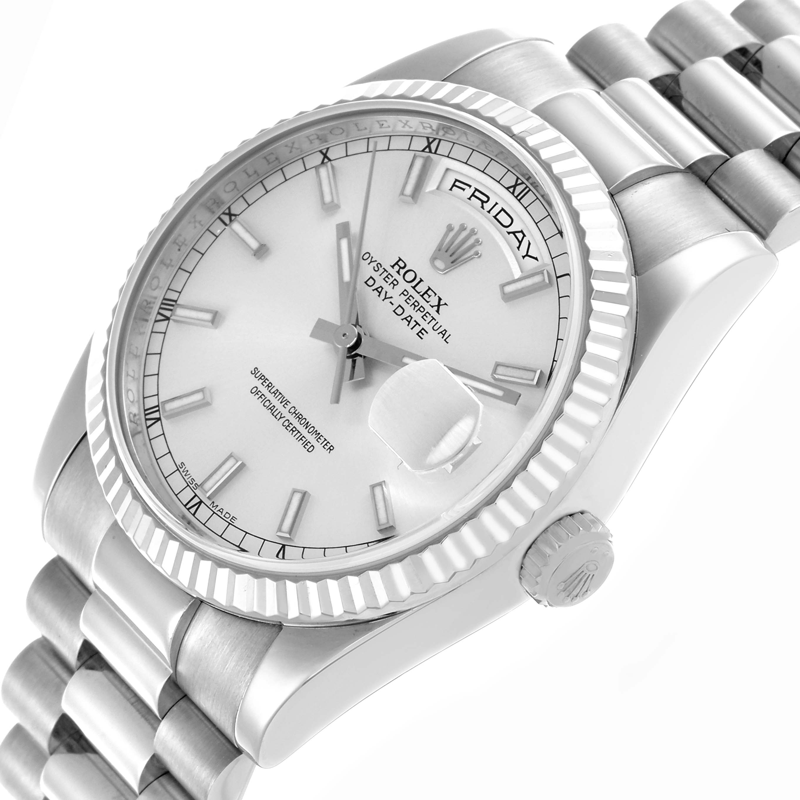 The Rolex President 118239 Men's White Gold Silver Dial 118239 Men's White Gold Silver Dial model is shown at an angled view, highlighting the face, fluted bezel, and part of the bracelet.