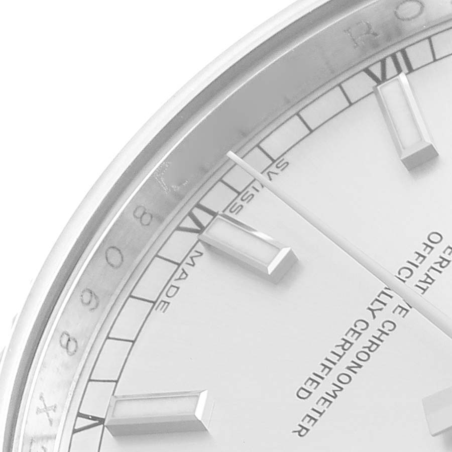 The image shows a close-up of the dial and markers of the Rolex President 118239 Men's White Gold Silver Dial 118239 Men's White Gold Silver Dial watch.