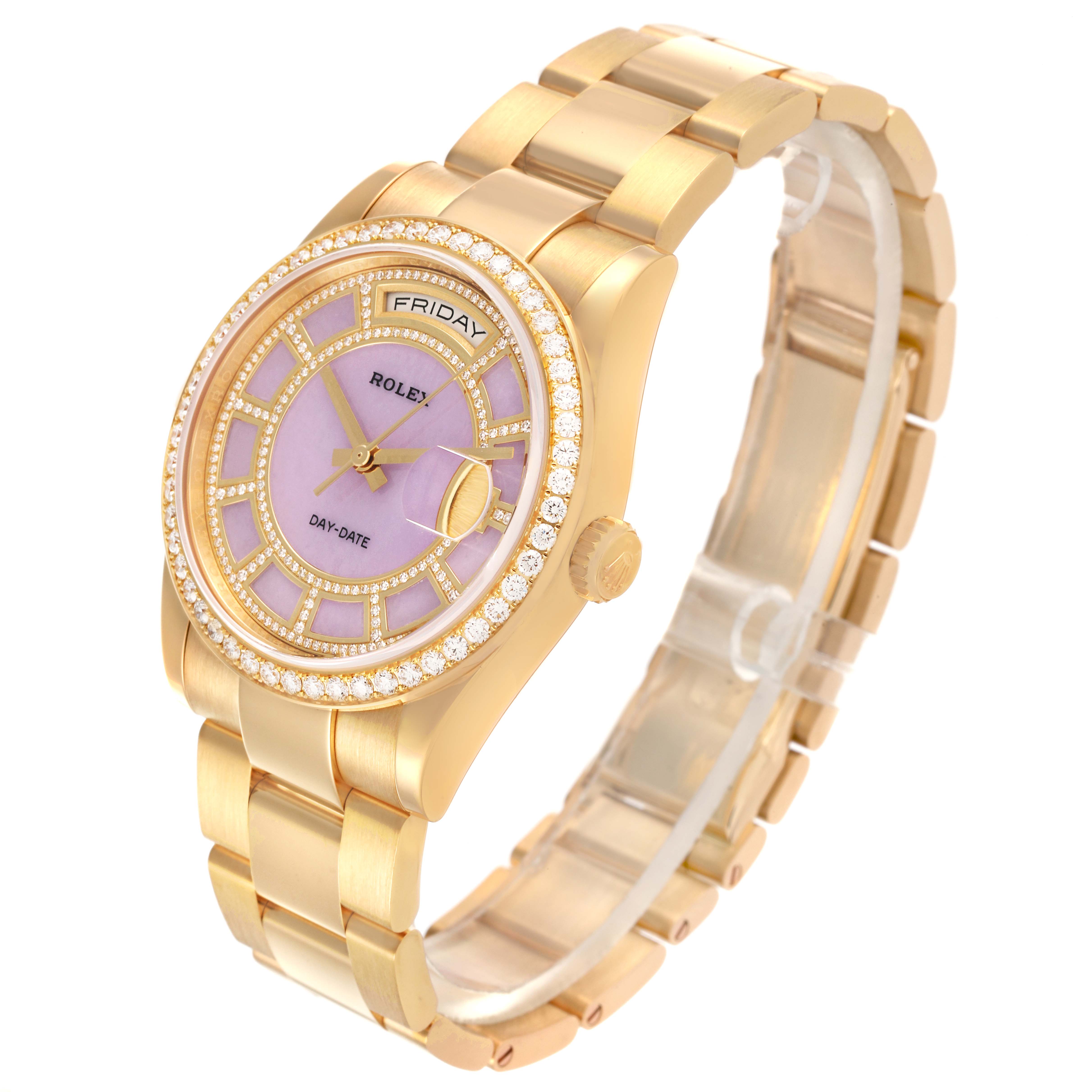 The Rolex President 118348 Men's Yellow Gold Purple Dial 118348 Men's Yellow Gold Purple Dial model watch is shown at a three-quarter angle, highlighting the face, band, and side profile.