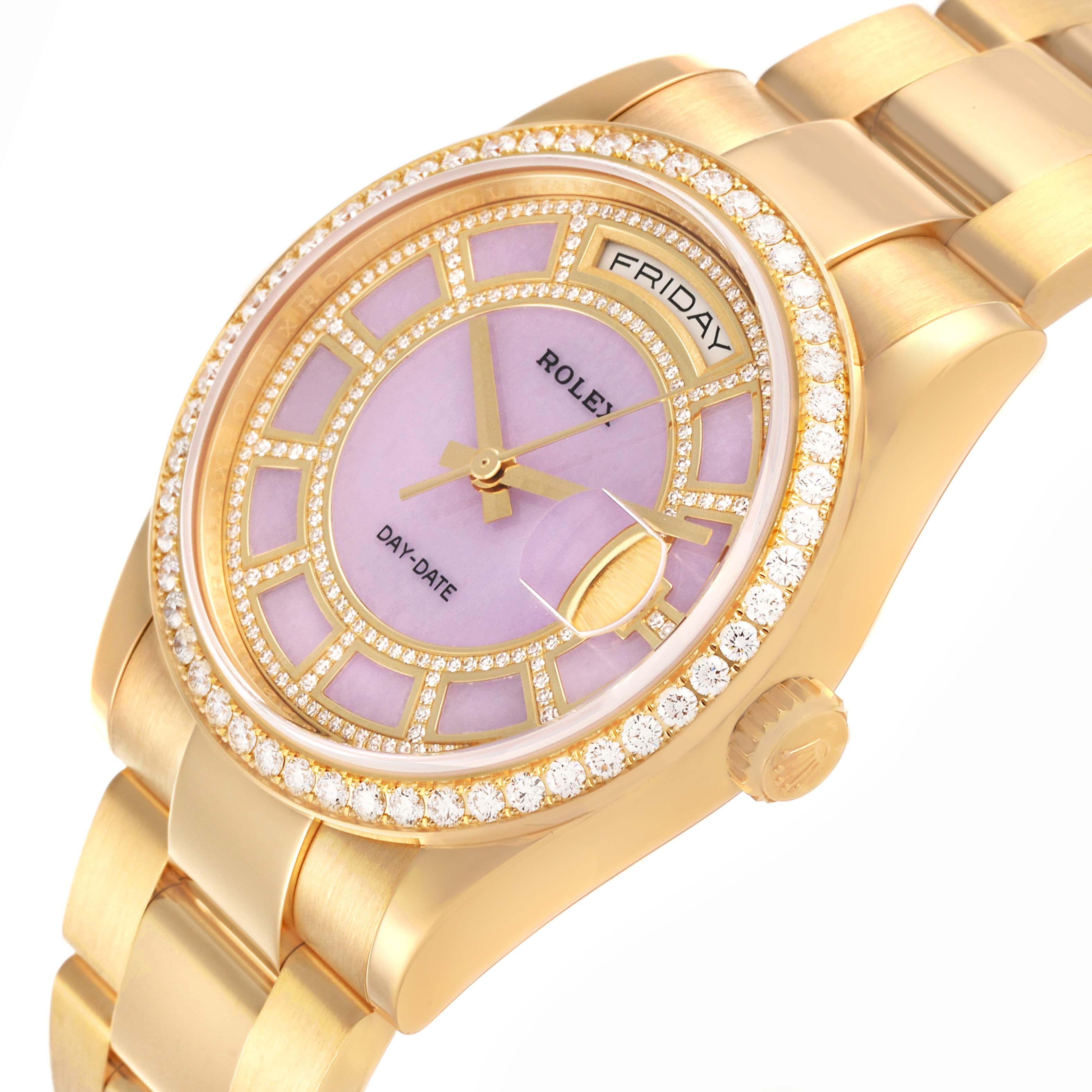 The Rolex President 118348 Men's Yellow Gold Purple Dial 118348 Men's Yellow Gold Purple Dial watch is shown from a tilted angle with focus on the dial, bezel, and part of the bracelet.