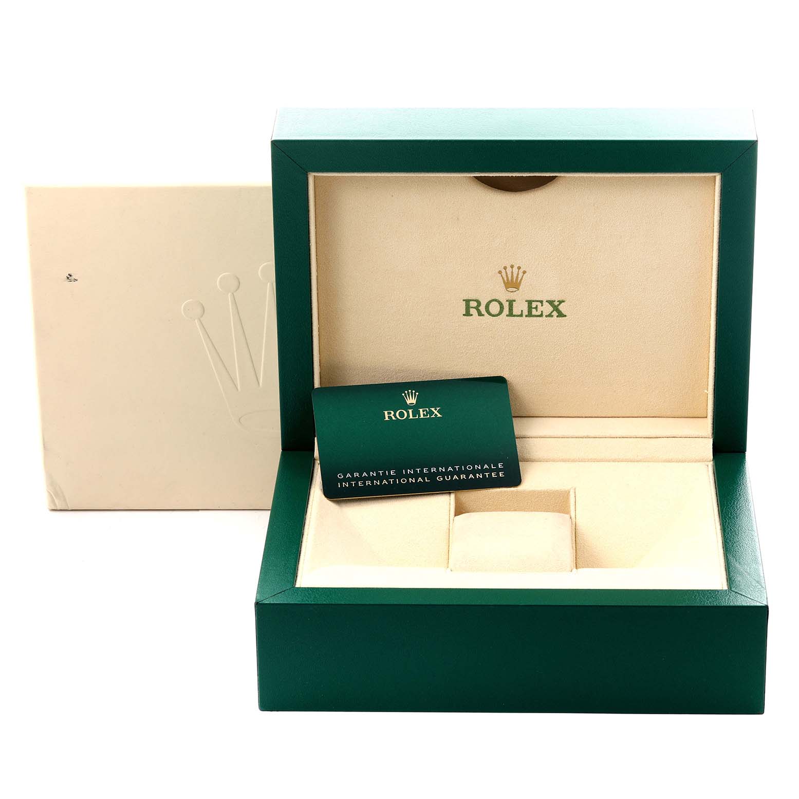 The image shows the open box and guarantee card for a Rolex President 118348 Men's Yellow Gold Purple Dial 118348 Men's Yellow Gold Purple Dial watch.