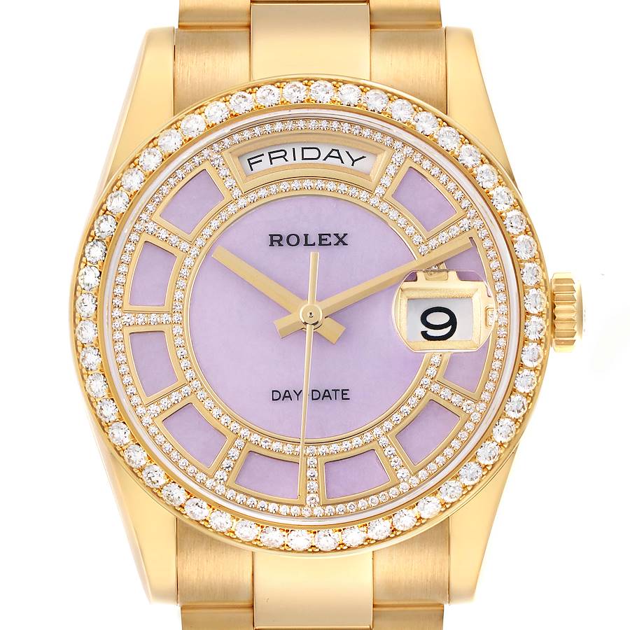 The Rolex President watch is shown from the front, highlighting its gold case, diamond bezel, purple dial, and day-date display.