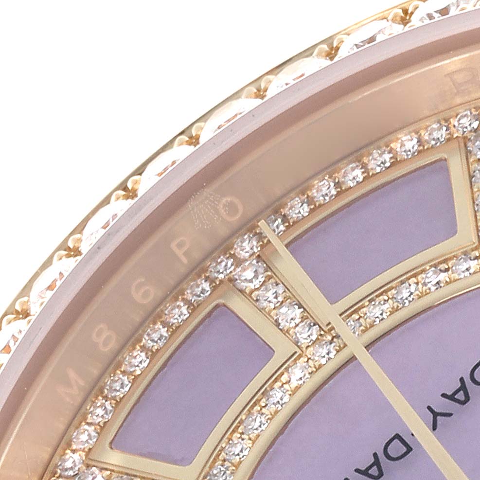The image shows a close-up of the Rolex President 118348 Men's Yellow Gold Purple Dial 118348 Men's Yellow Gold Purple Dial watch face, highlighting the diamond-encrusted bezel and part of the dial.