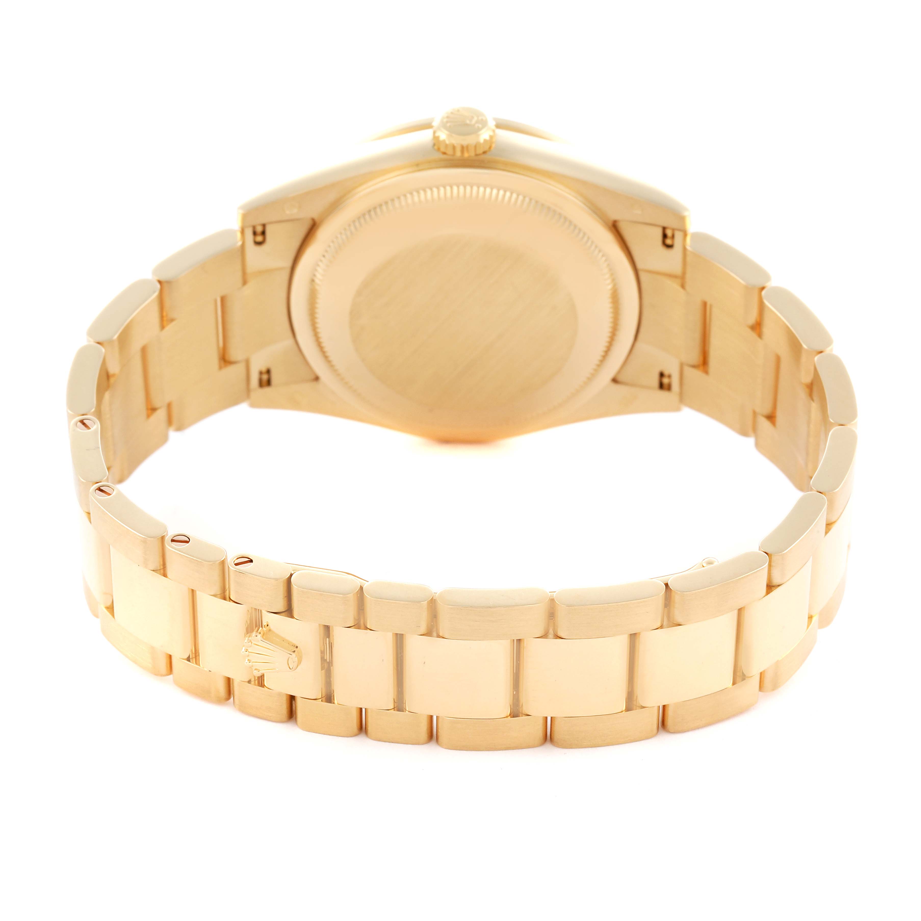 The image shows the back view of a Rolex President 118348 Men's Yellow Gold Purple Dial 118348 Men's Yellow Gold Purple Dial model, highlighting its bracelet and clasp.