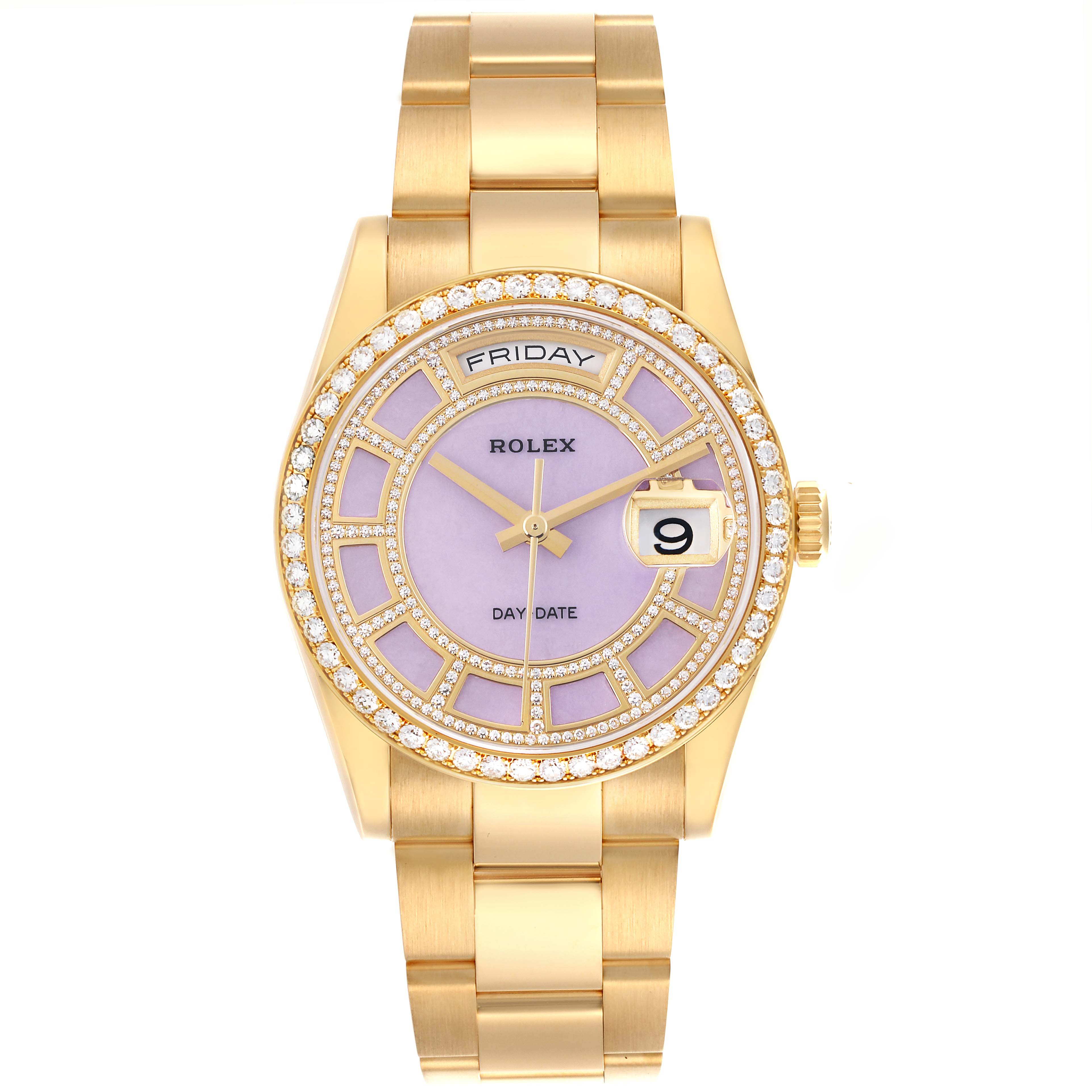 The Rolex President 118348 Men's Yellow Gold Purple Dial 118348 Men's Yellow Gold Purple Dial model watch is shown from the front, highlighting the dial, bracelet, and bezel.