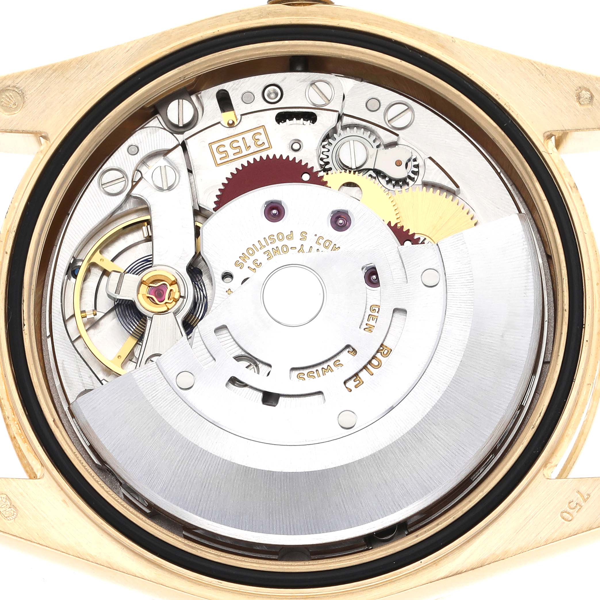 The image shows the internal movement of a Rolex President 118348 Men's Yellow Gold Purple Dial 118348 Men's Yellow Gold Purple Dial model, highlighting gears and the oscillating rotor.