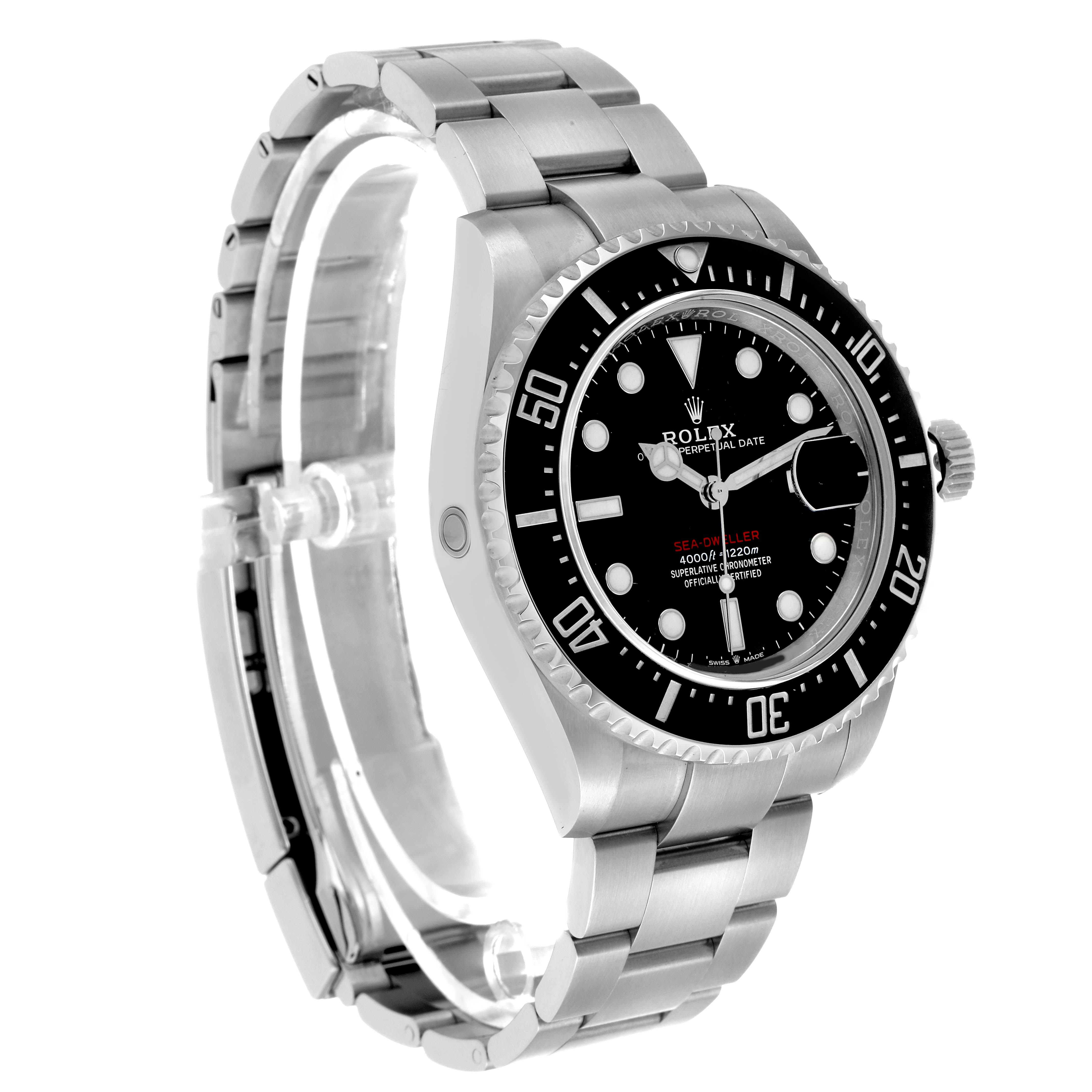 The Rolex Sea-Dweller 126600 Men's Stainless Steel Black Dial watch is shown at a 3/4 angle, displaying the face, bezel, crown, and bracelet.