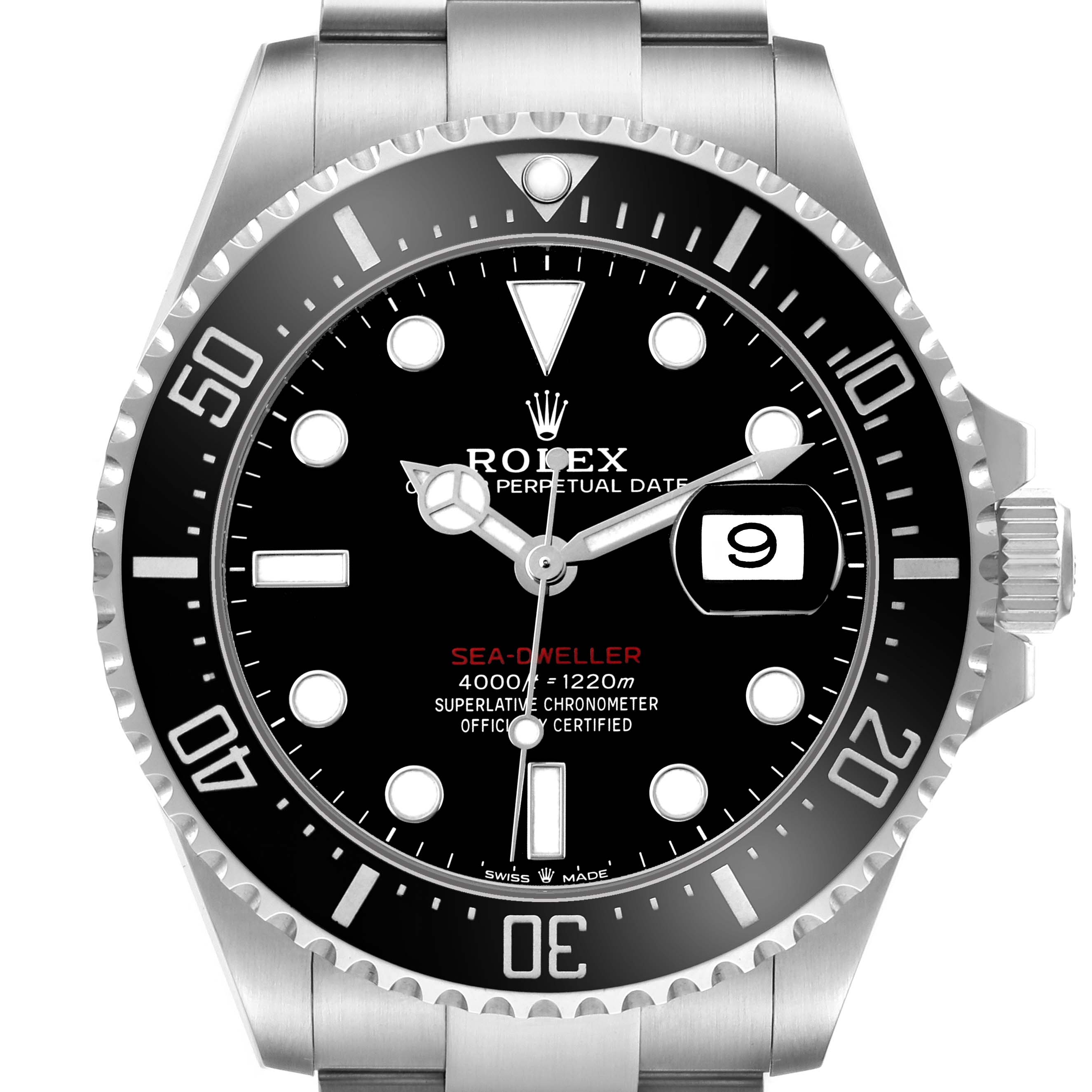 The image shows a frontal view of the Rolex Sea-Dweller 126600 Men's Stainless Steel Black Dial, highlighting the dial, bezel, and date window at 3 o'clock.