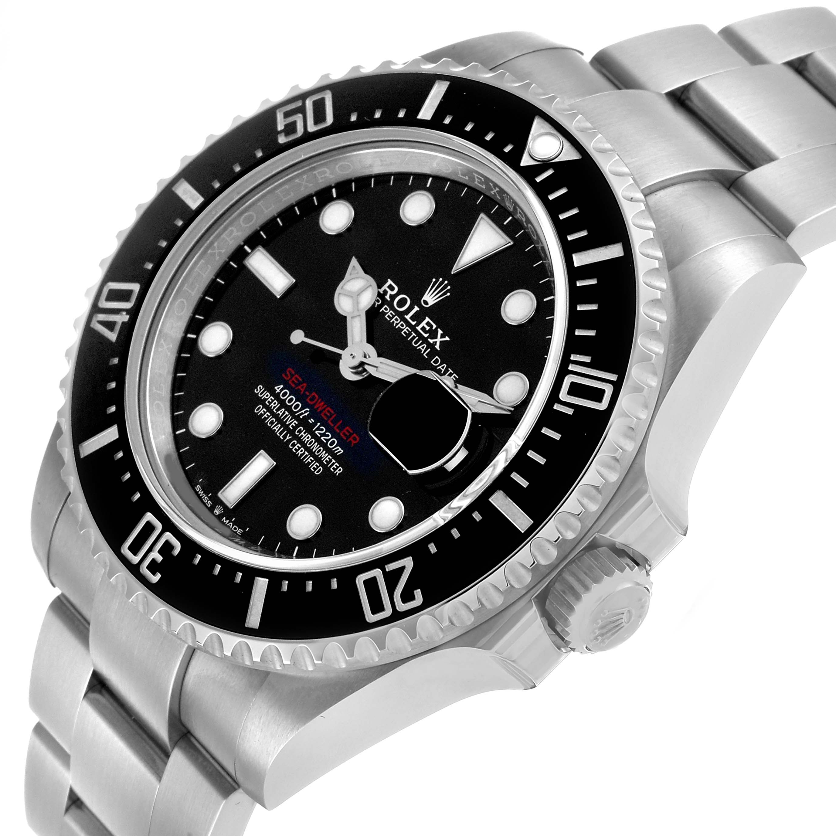 The Rolex Sea-Dweller 126600 Men's Stainless Steel Black Dial watch is shown at a slight upper angle, highlighting the dial, bezel, and bracelet.