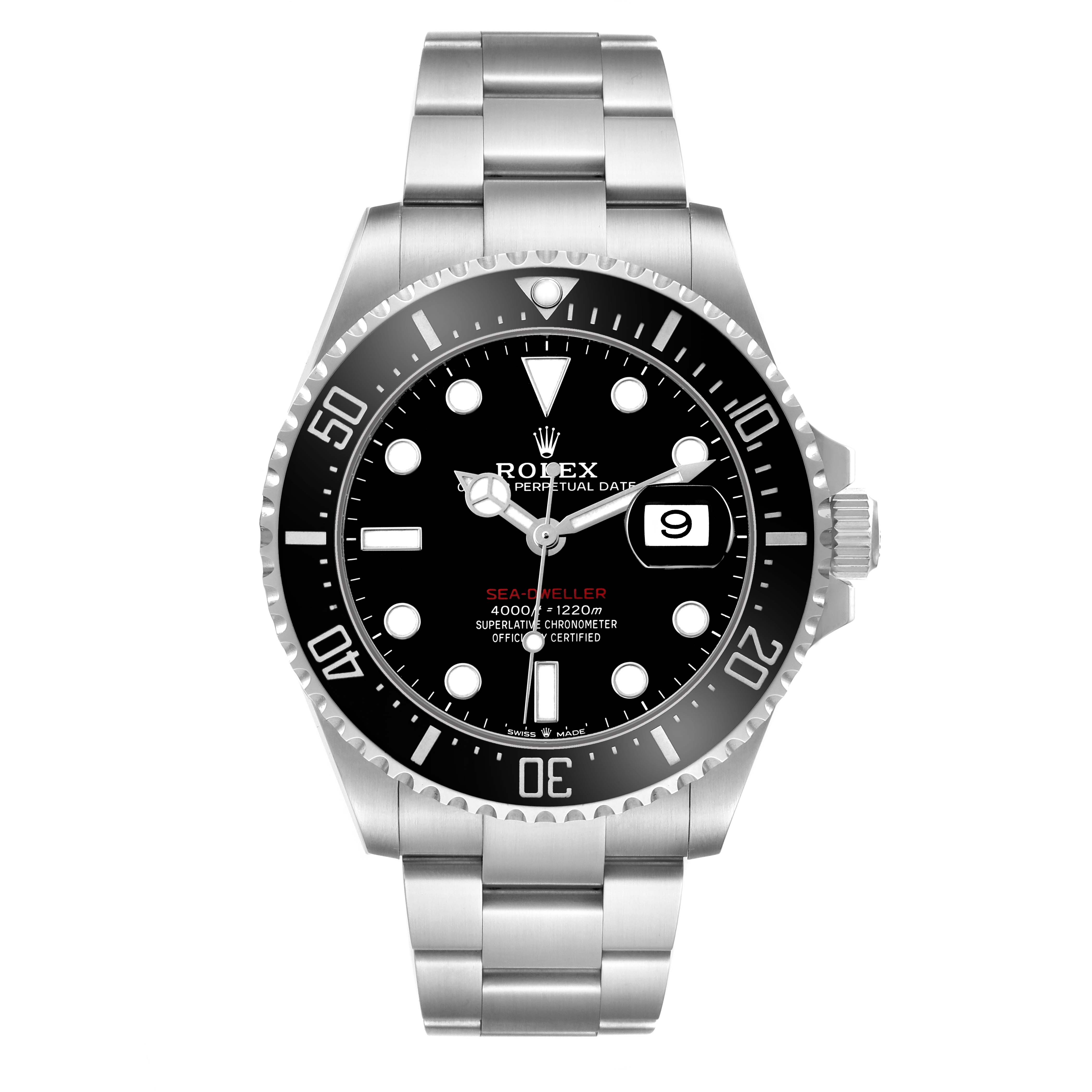 The Rolex Sea-Dweller 126600 Men's Stainless Steel Black Dial watch is shown from a frontal angle, highlighting the face, bezel, and bracelet.