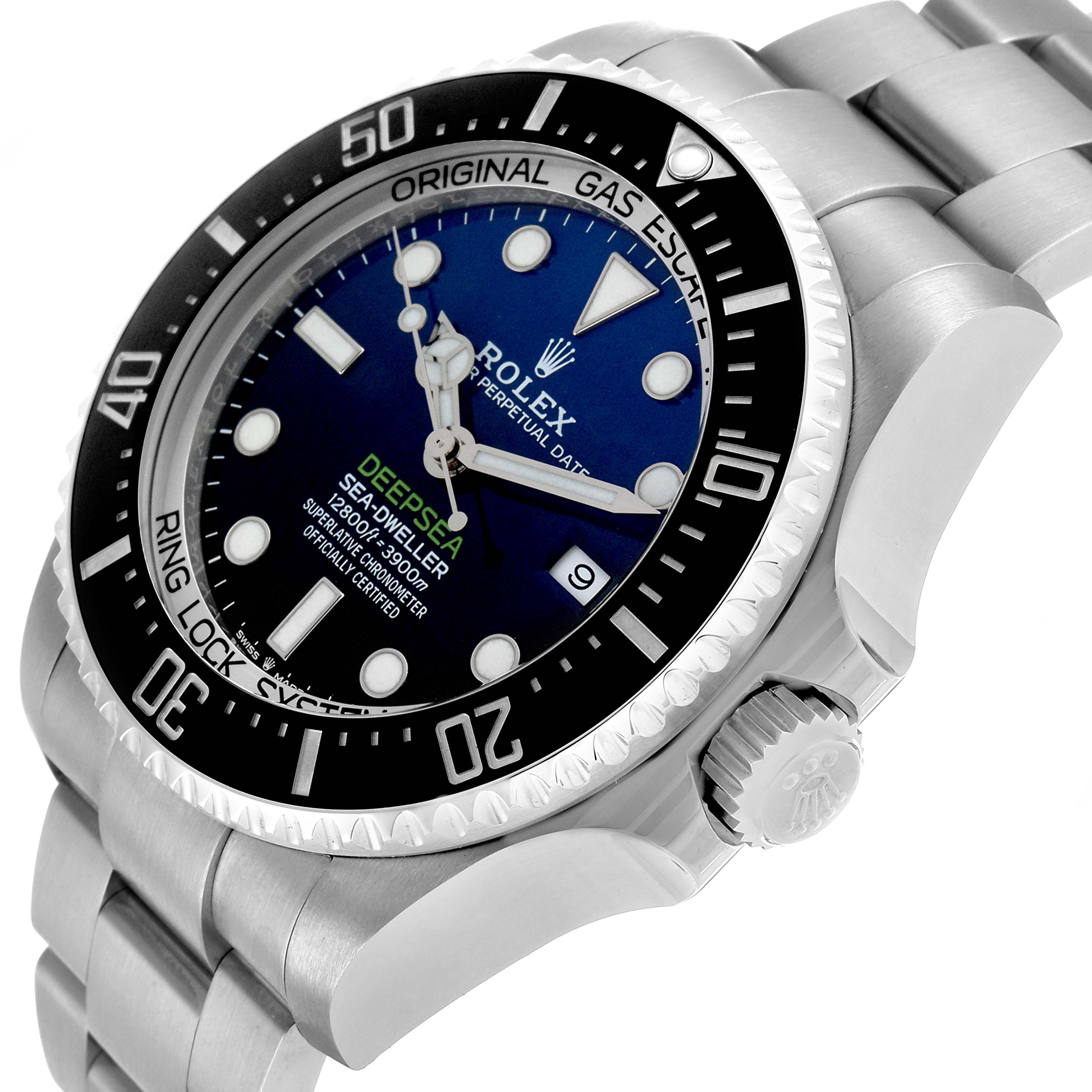The Rolex Sea-Dweller 126660 Men's Stainless Steel Blue Dial watch is shown from an angled side view, highlighting the dial, bezel, crown, and bracelet.