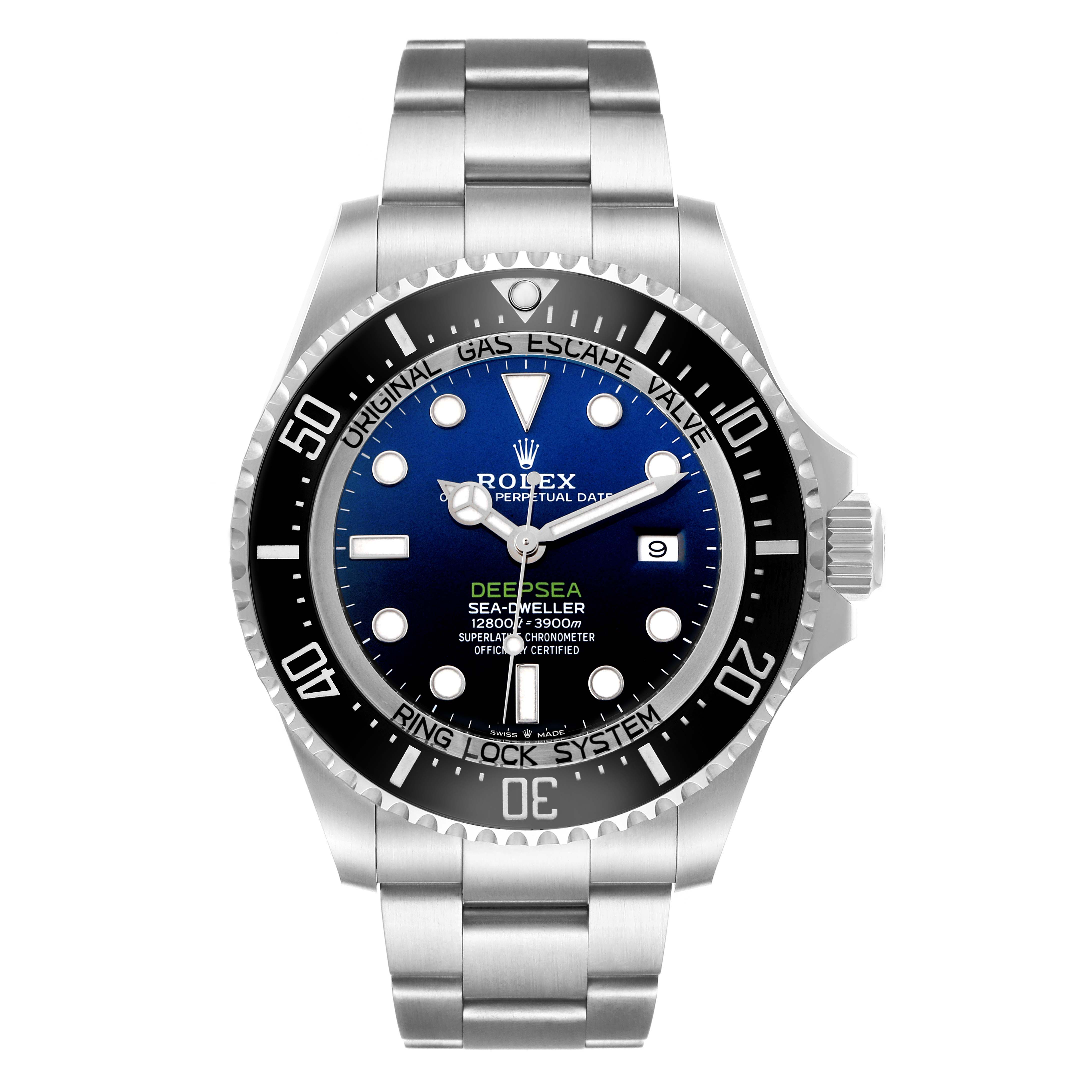 The Rolex Sea-Dweller 126660 Men's Stainless Steel Blue Dial watch is shown from a front angle, highlighting the dial, bezel, and bracelet.