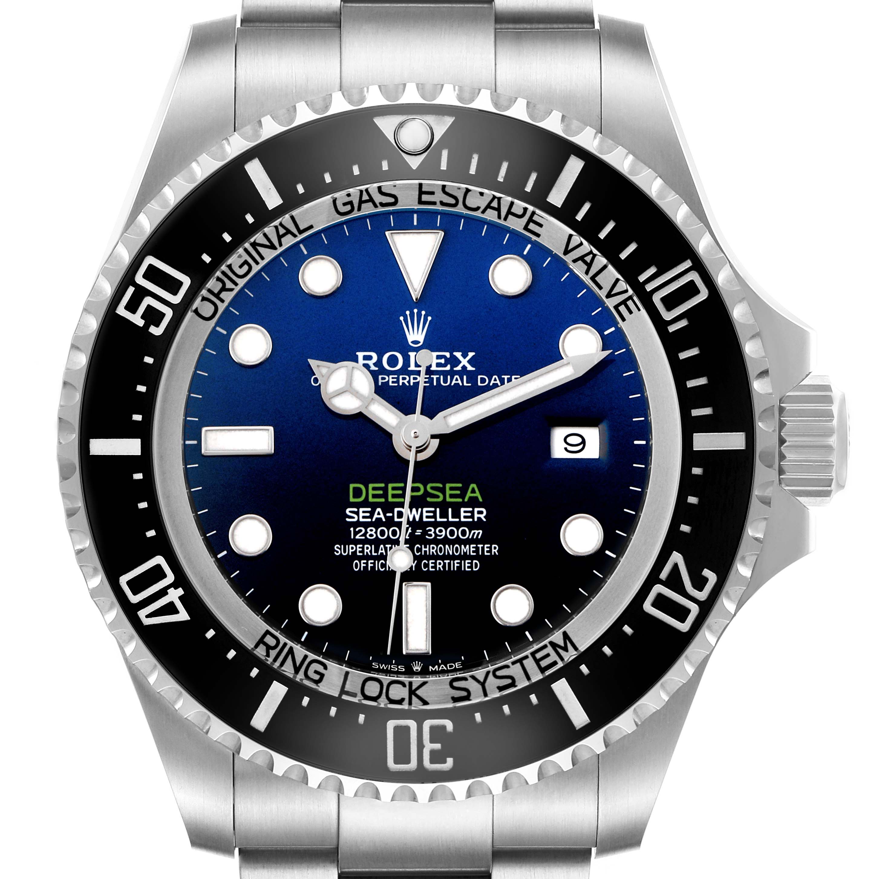 The Rolex Sea-Dweller 126660 Men's Stainless Steel Blue Dial watch is shown from a front view, highlighting the dial, bezel, and part of the bracelet.