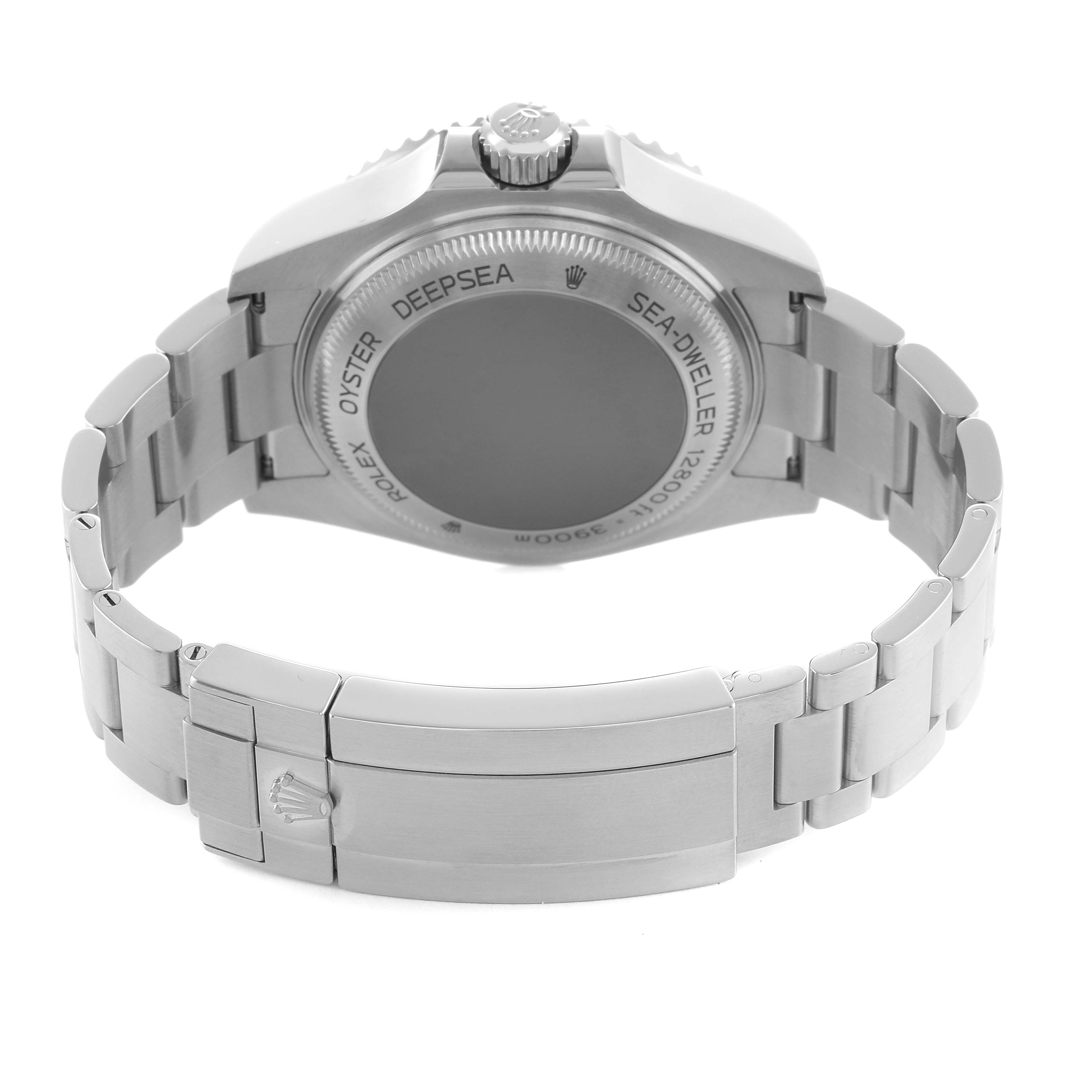 The image shows the rear case and bracelet clasp of a Rolex Sea-Dweller 126660 Men's Stainless Steel Blue Dial watch from a backside angle.