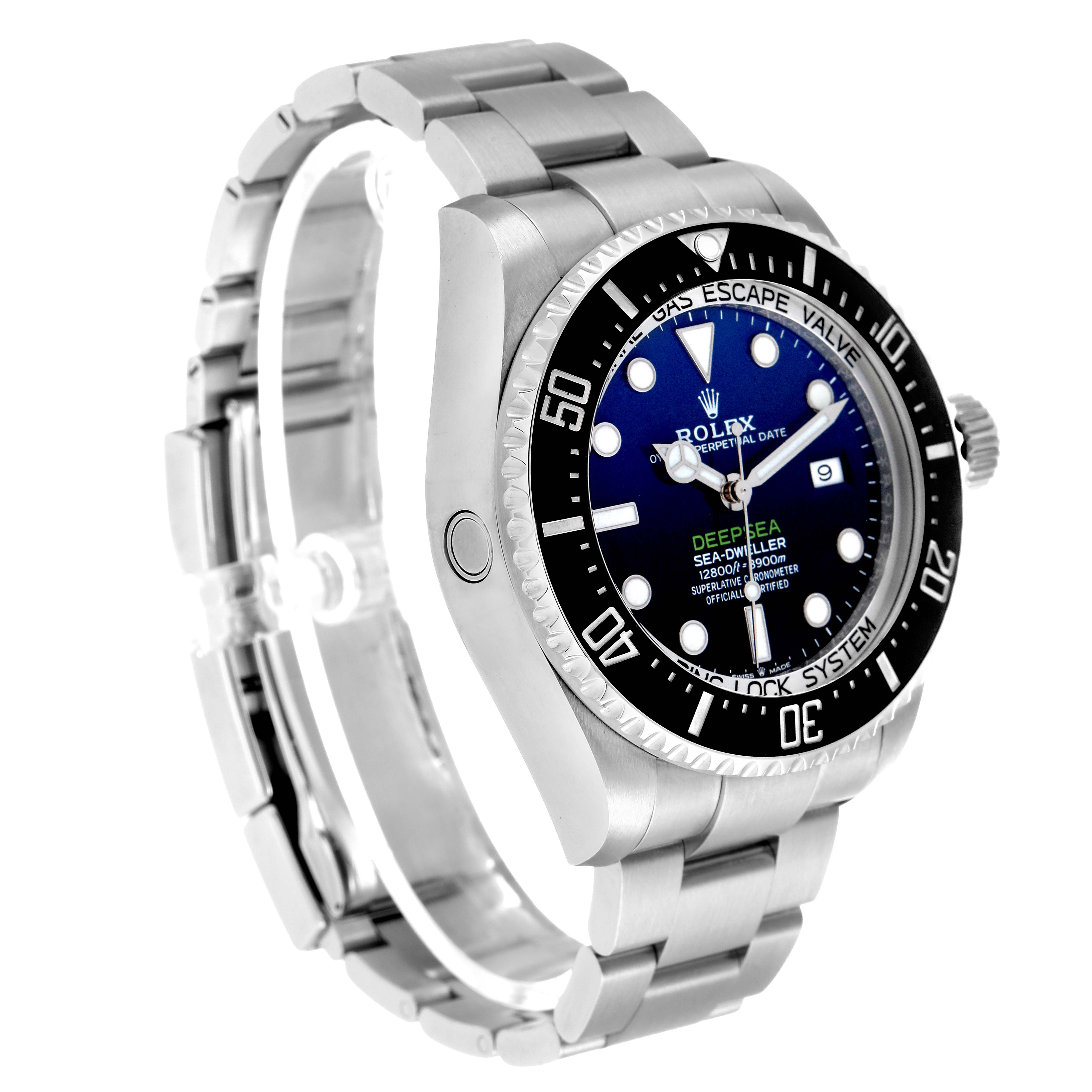 The Rolex Sea-Dweller 126660 Men's Stainless Steel Blue Dial watch is shown at a three-quarter angle, highlighting the face, bezel, and bracelet.