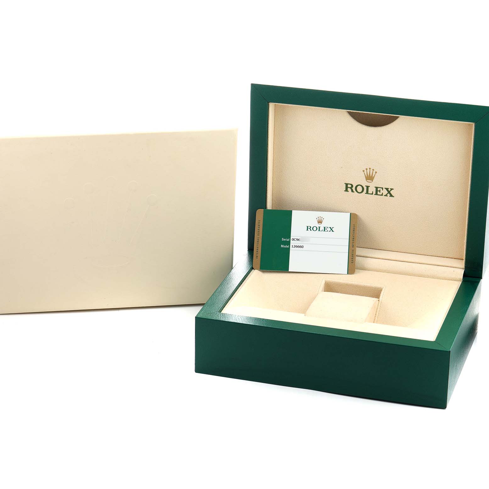 The image shows the open box and identification card for a Rolex Sea-Dweller 126660 Men's Stainless Steel Blue Dial watch, showcasing the packaging and card details.