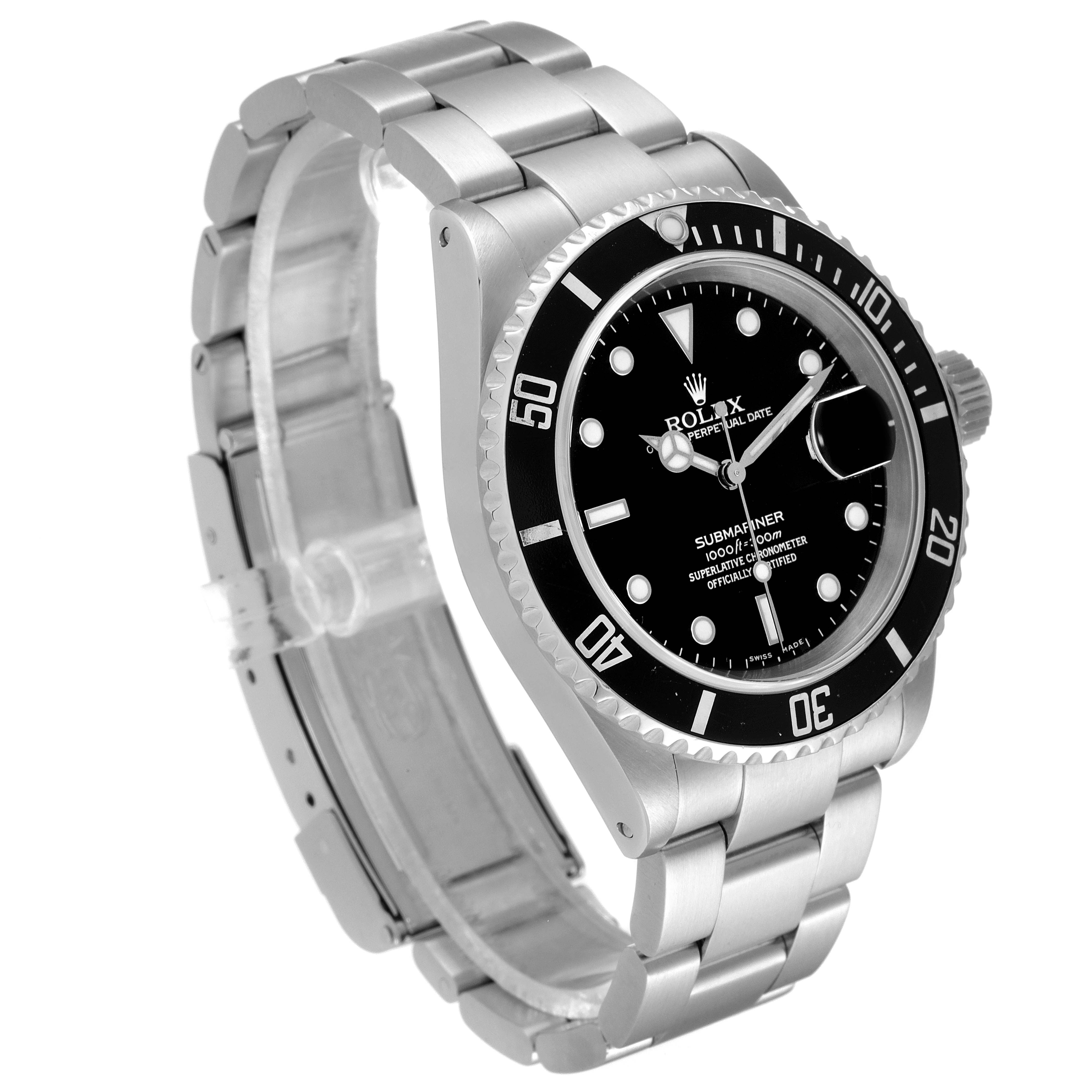 The image shows a three-quarter angle of a Rolex Submariner 16610 Men's Stainless Steel Black Dial 16610 Men's Stainless Steel Black Dial watch, highlighting its black dial, bezel, and stainless steel bracelet.