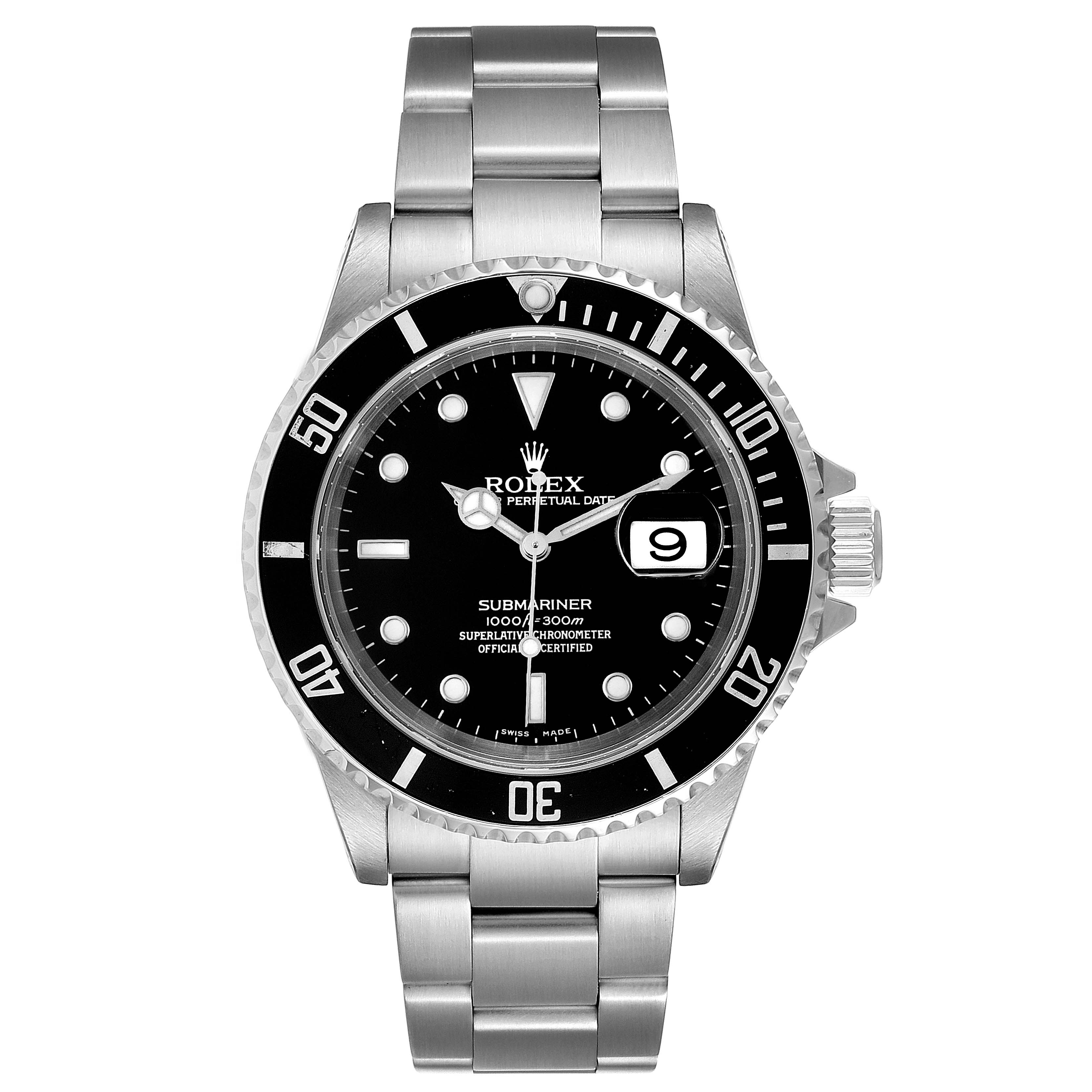 The Rolex Submariner 16610 Men's Stainless Steel Black Dial 16610 Men's Stainless Steel Black Dial watch is shown from a front angle, displaying the dial, bracelet, bezel, and crown.