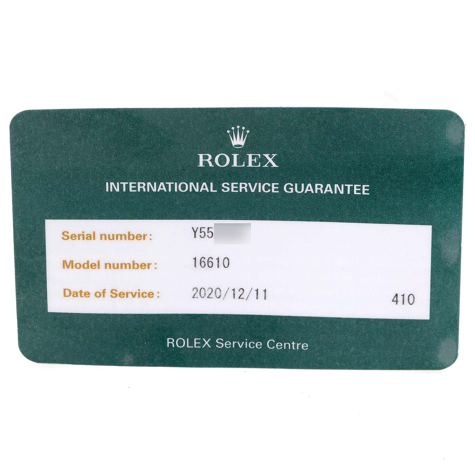This image shows an International Service Guarantee card for a Rolex Submariner 16610 Men's Stainless Steel Black Dial 16610 Men's Stainless Steel Black Dial model 16610.