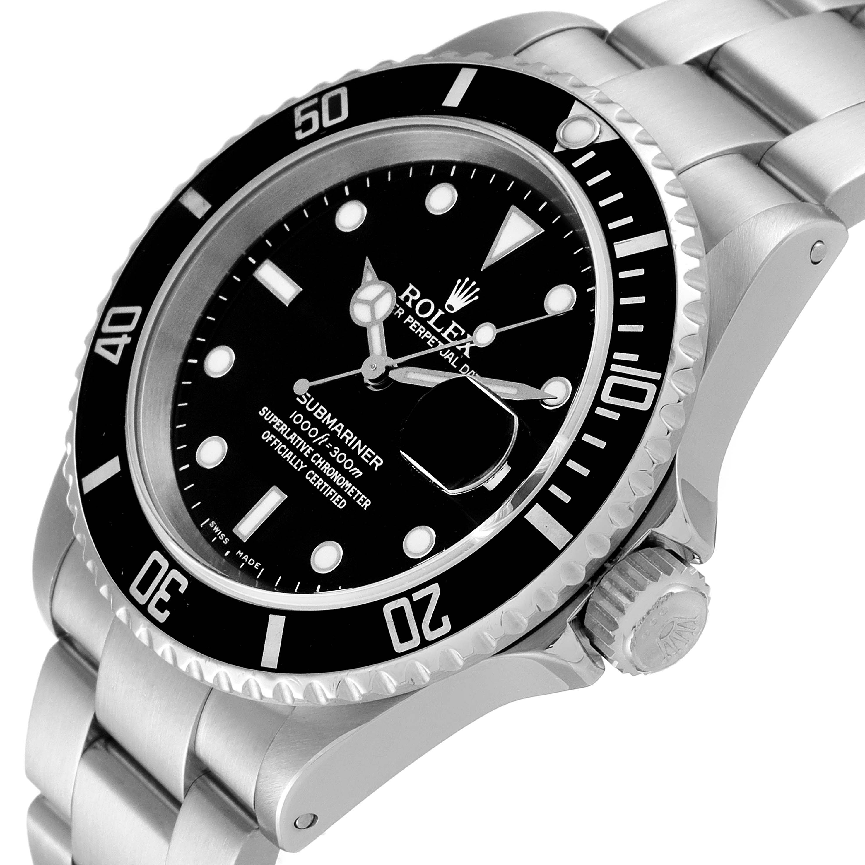 This image shows a Rolex Submariner 16610 Men's Stainless Steel Black Dial 16610 Men's Stainless Steel Black Dial watch angled slightly from above, highlighting the face, bezel, crown, and part of the bracelet.