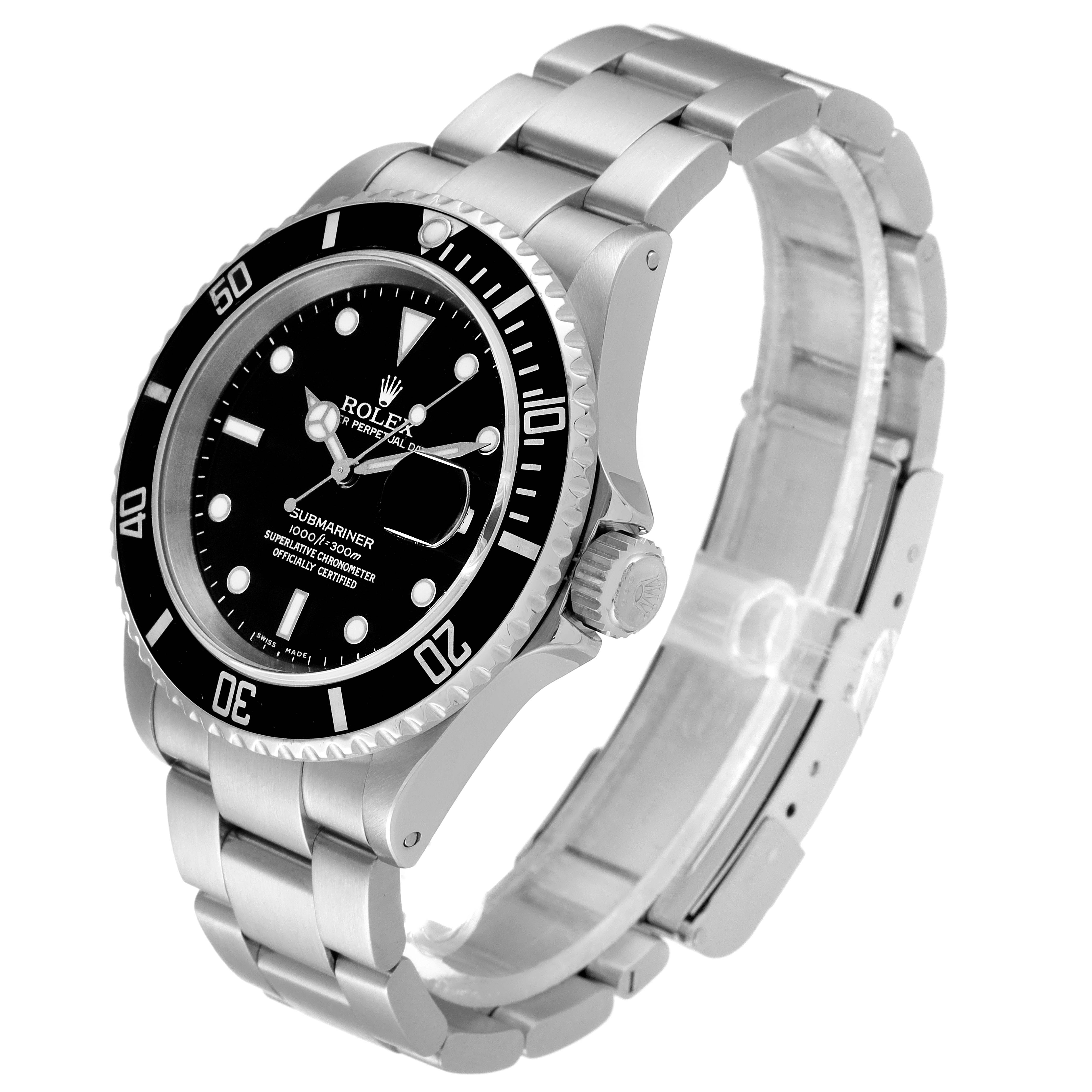 The image shows a side angle of the Rolex Submariner 16610 Men's Stainless Steel Black Dial 16610 Men's Stainless Steel Black Dial, highlighting the bezel, dial, crown, and stainless steel bracelet.