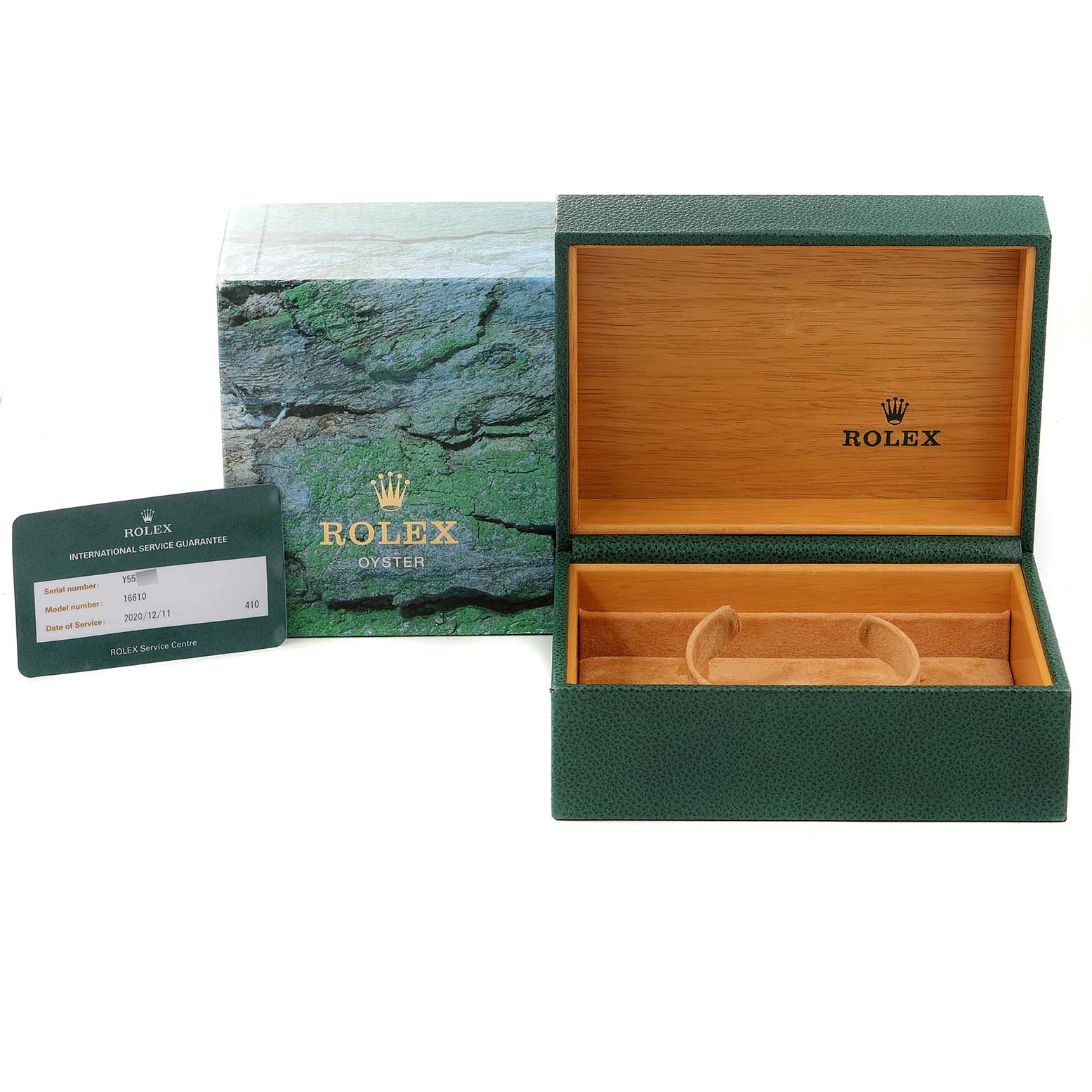 The image shows a Rolex Submariner 16610 Men's Stainless Steel Black Dial 16610 Men's Stainless Steel Black Dial watch box, its outer box, and the international service guarantee card.