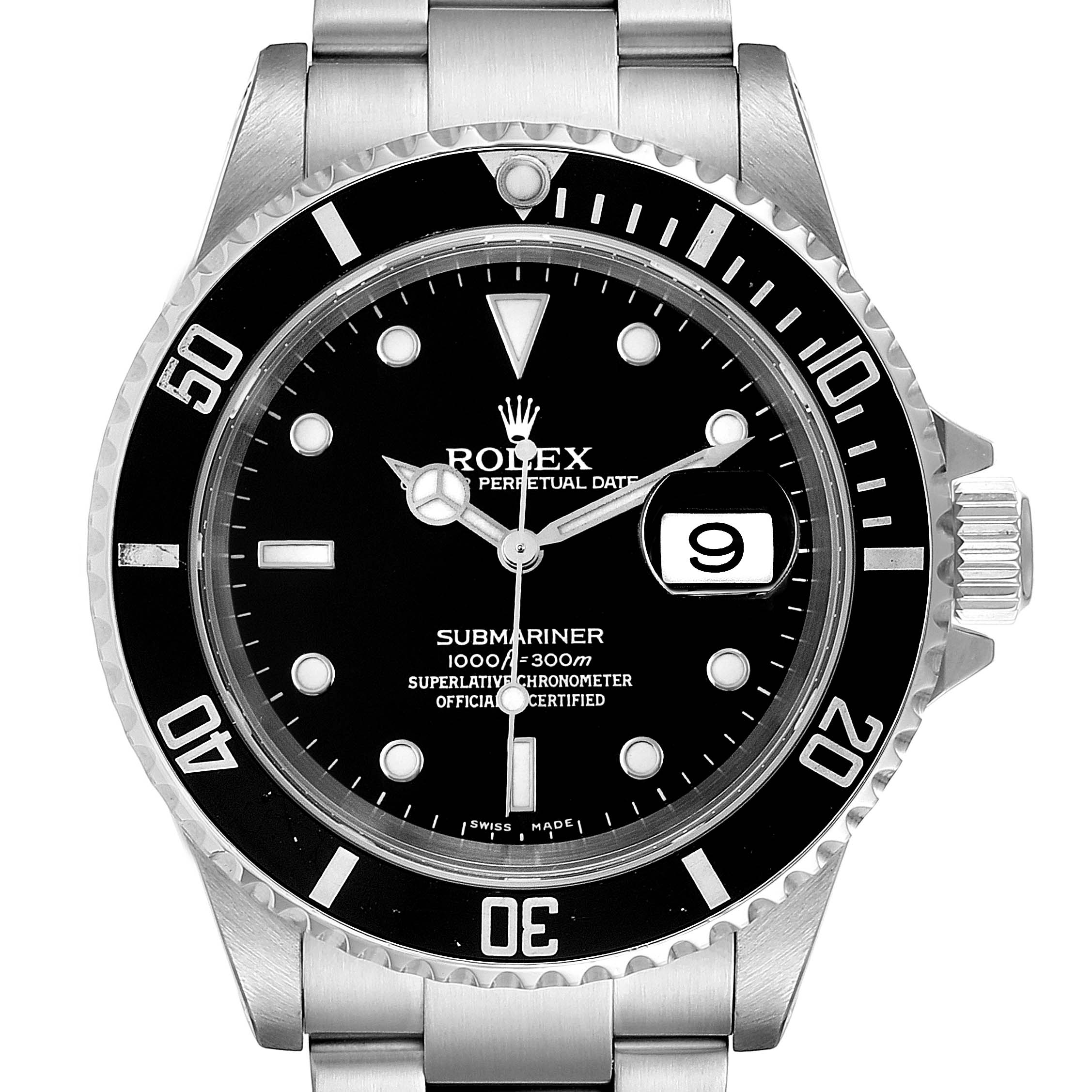The image shows a front view of a Rolex Submariner 16610 Men's Stainless Steel Black Dial 16610 Men's Stainless Steel Black Dial watch with a black dial, date window, and stainless steel bracelet.