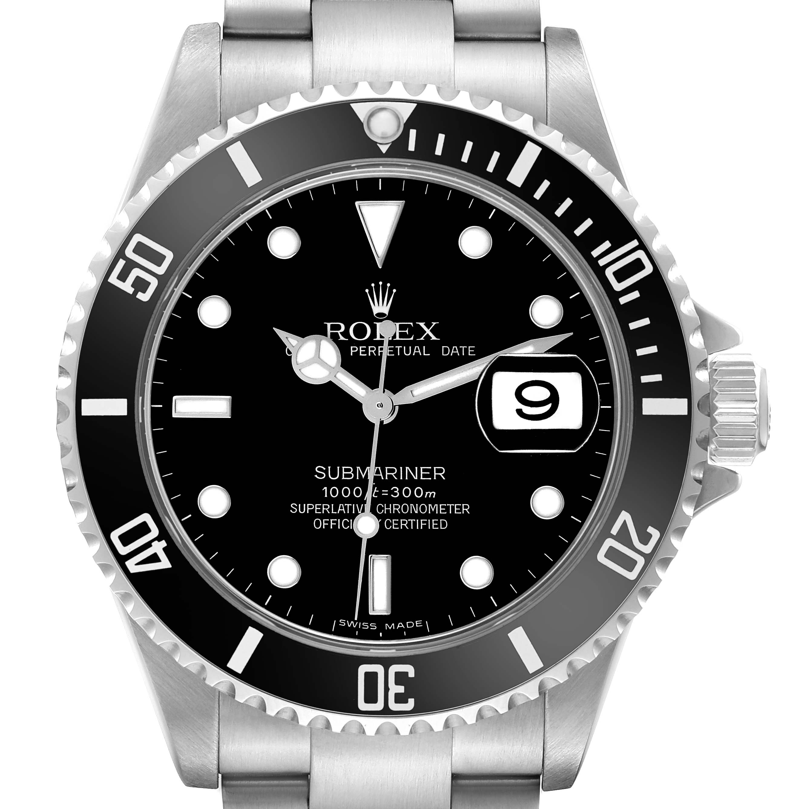 The image shows a front view of the Rolex Submariner 16610 Men
s Stainless Steel Black Dial 16610 Men
s Stainless Steel Black Dial watch, highlighting the bezel, dial, hands, and date window.