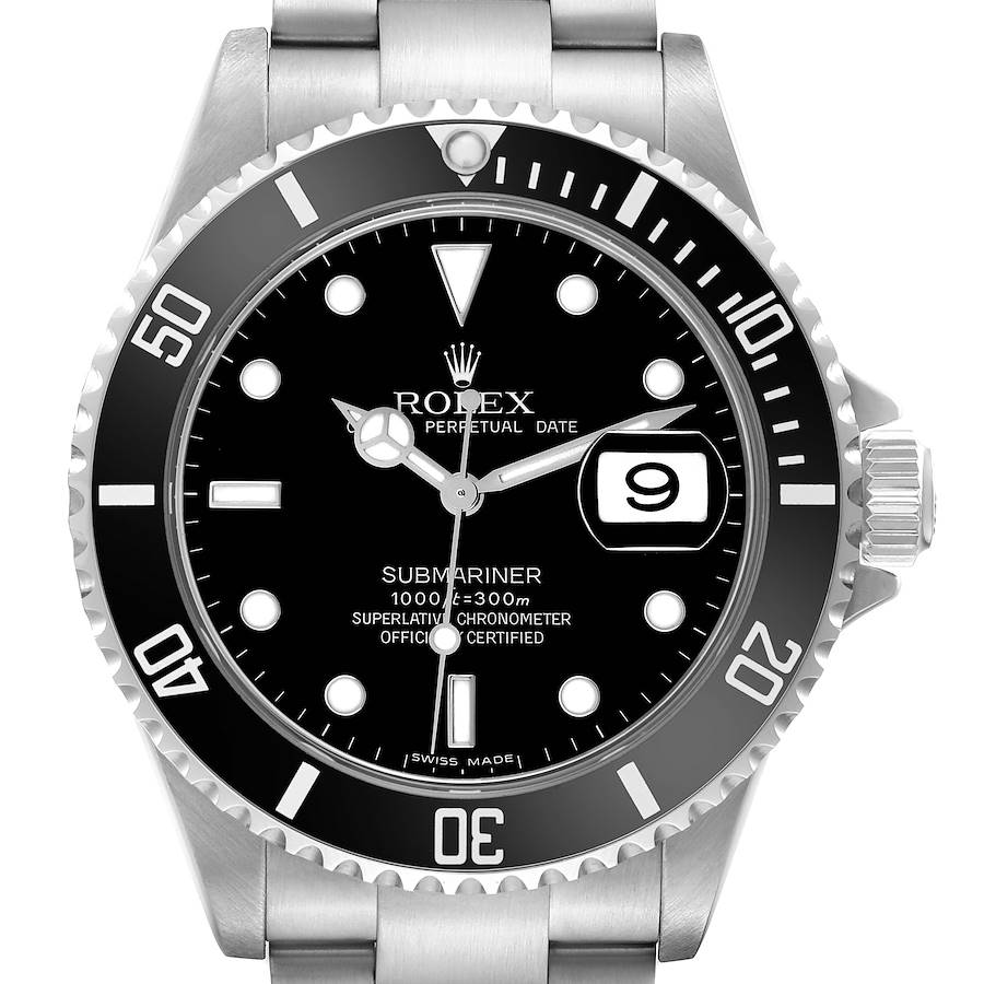 The image shows a front view of the Rolex Submariner watch, highlighting the bezel, dial, hands, and date window.