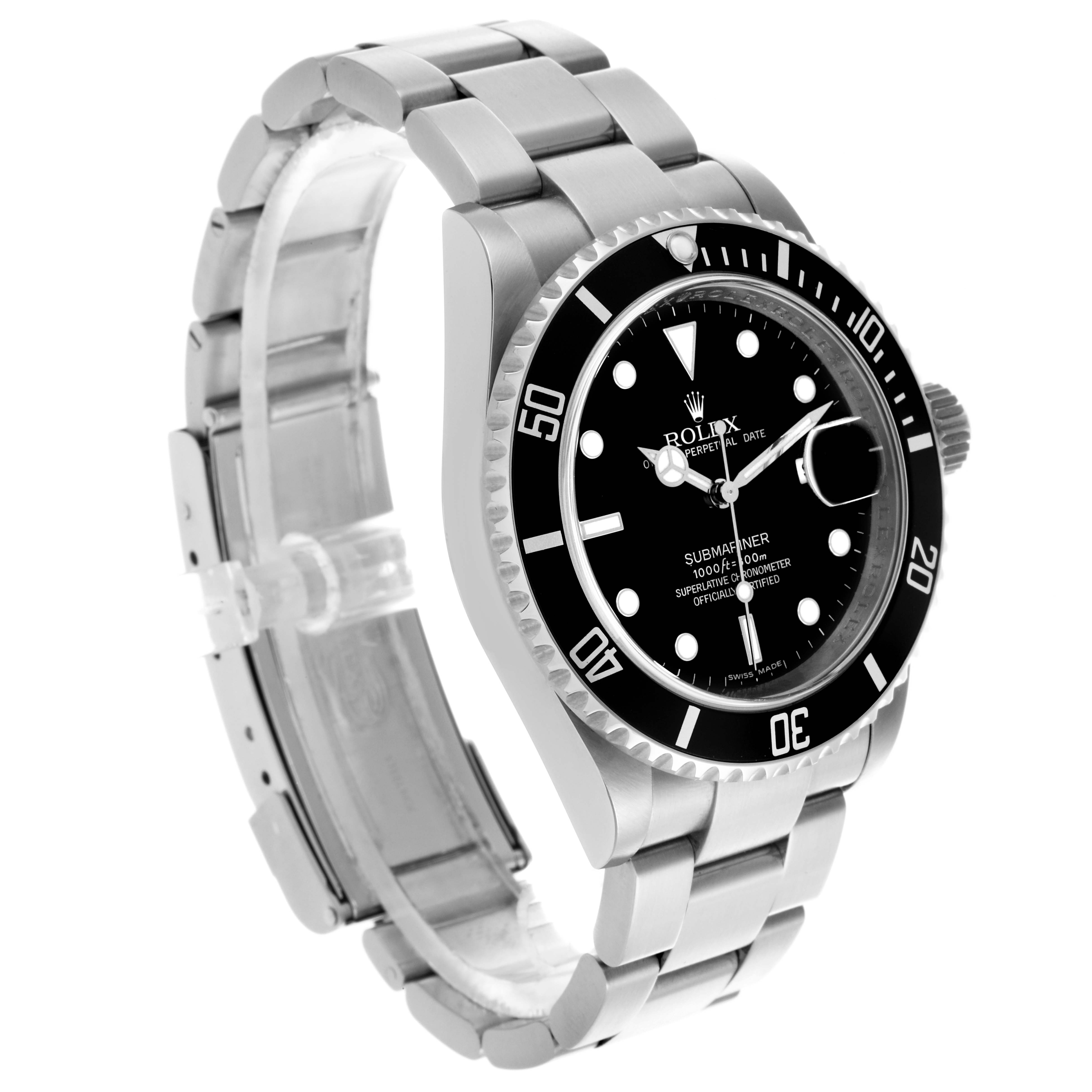 The Rolex Submariner 16610 Men
s Stainless Steel Black Dial 16610 Men
s Stainless Steel Black Dial watch is shown at a three-quarter angle, highlighting the face, bezel, and stainless steel bracelet.